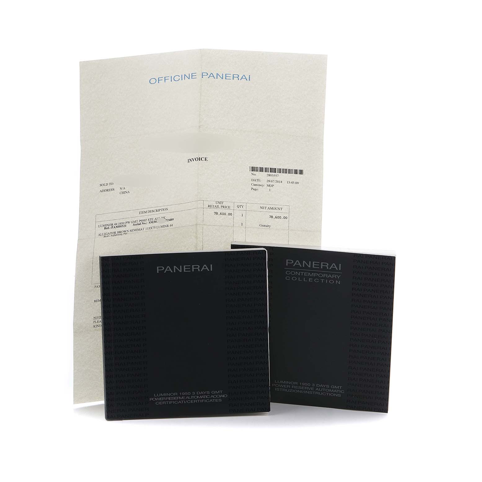 The image shows Panerai Luminor PAM00321 Men's Stainless Steel Black Dial model accessories, including booklets and paperwork, placed at an angle.