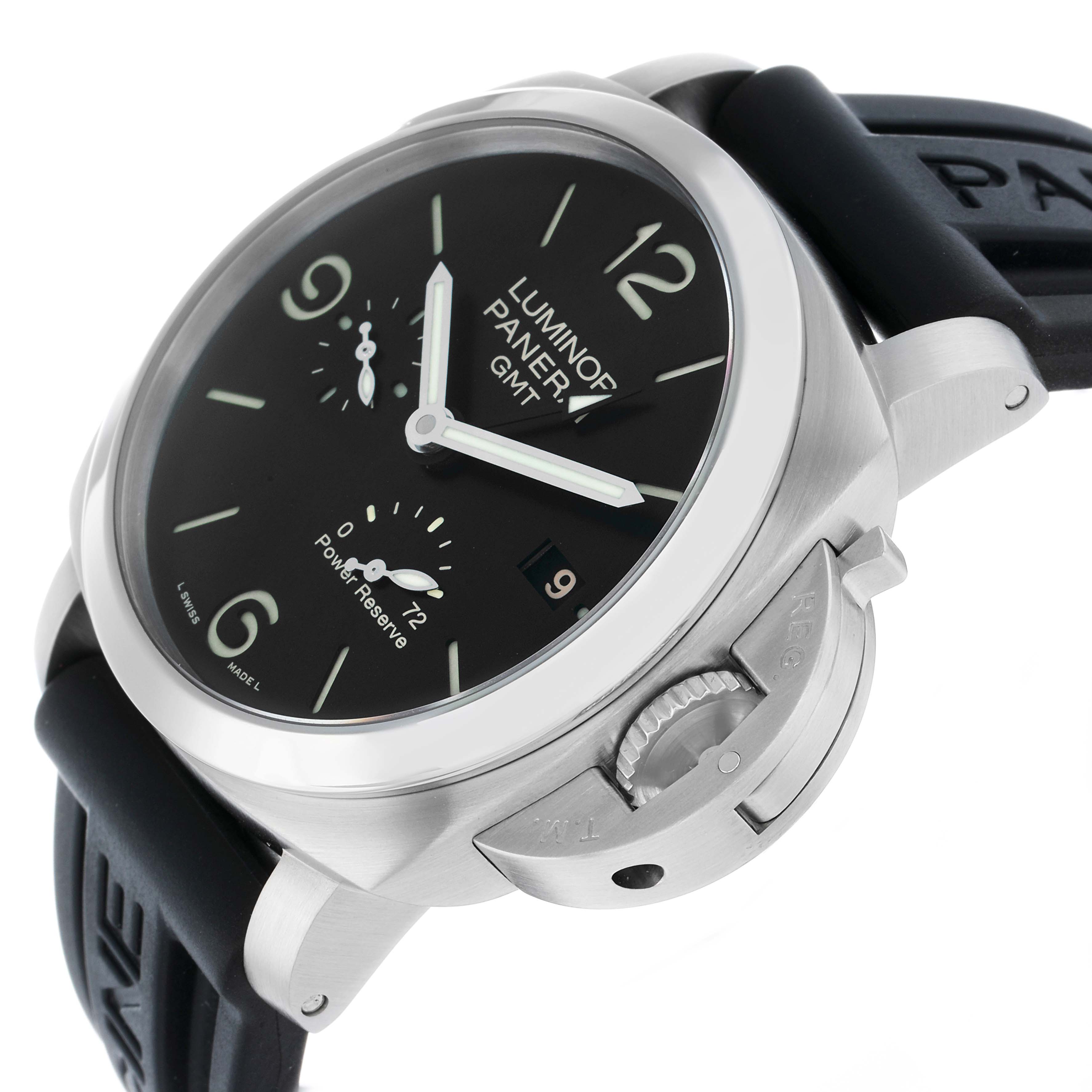 The image shows a side-angle view of a Panerai Luminor PAM00321 Men's Stainless Steel Black Dial watch, highlighting the crown guard, bezel, and rubber strap.