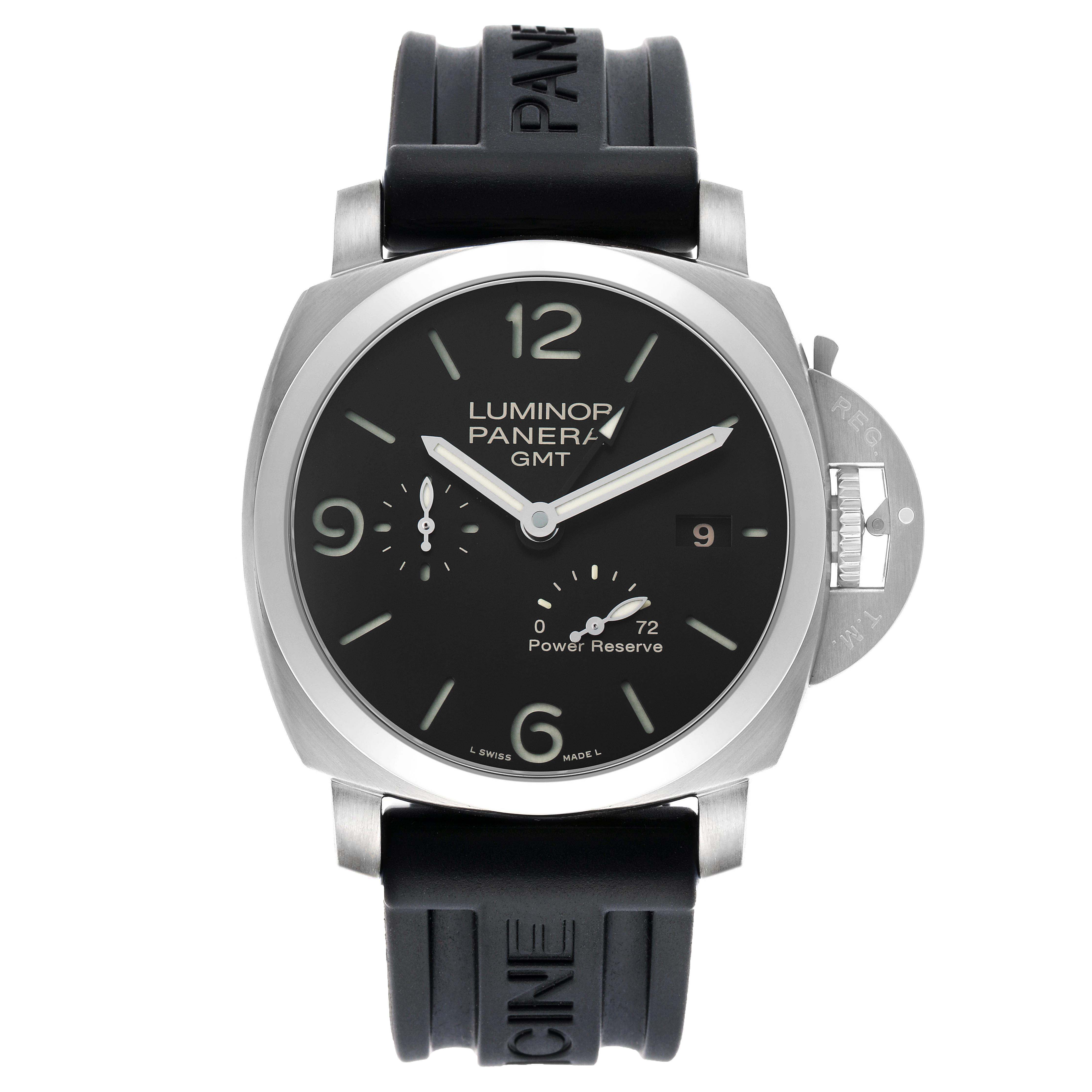 The image shows a front view of a Luminor Panerai watch, highlighting its dial, hands, power reserve, and rubber strap.