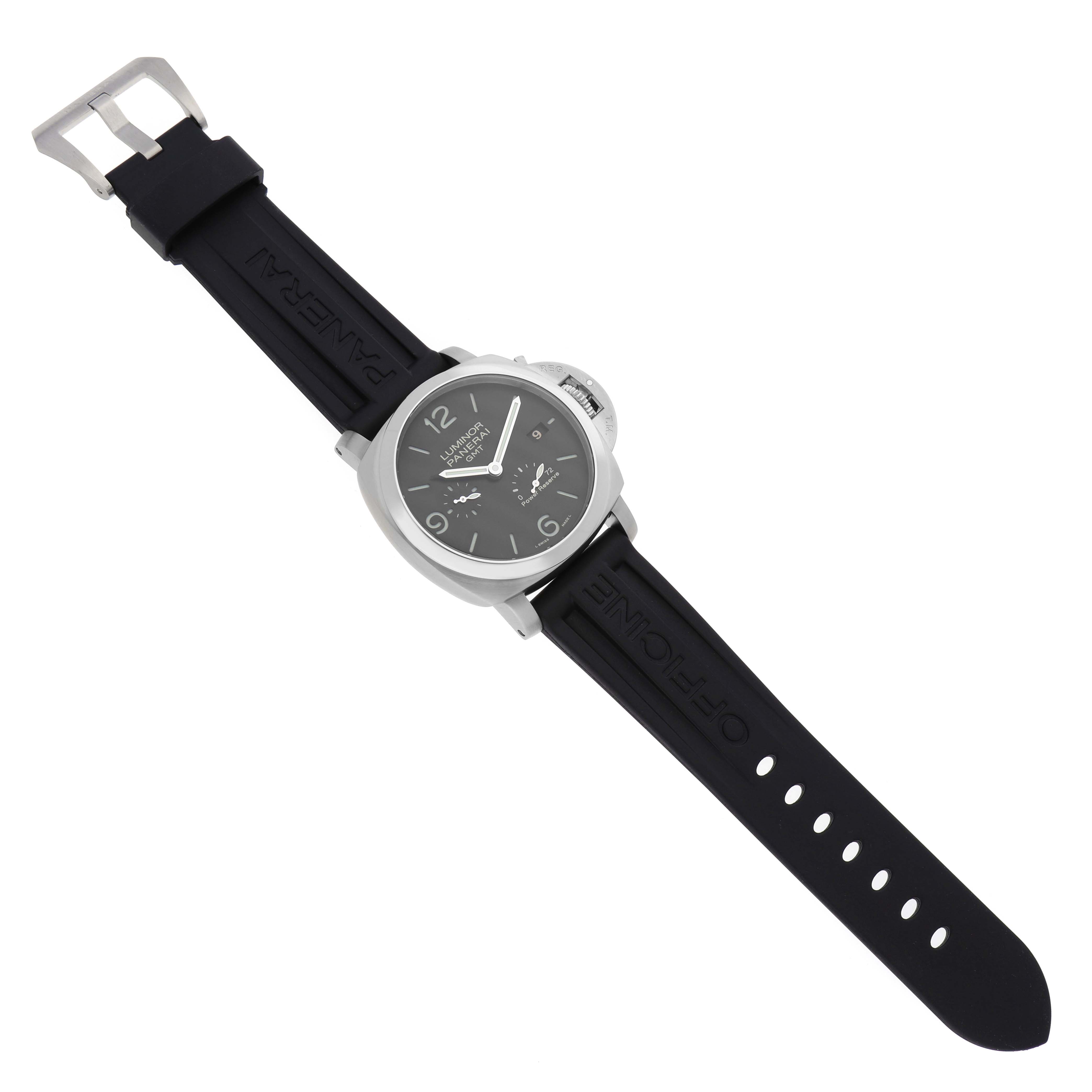 The Panerai Luminor PAM00321 Men's Stainless Steel Black Dial watch is shown at an angled top-down view, featuring its face, case, and black rubber strap.