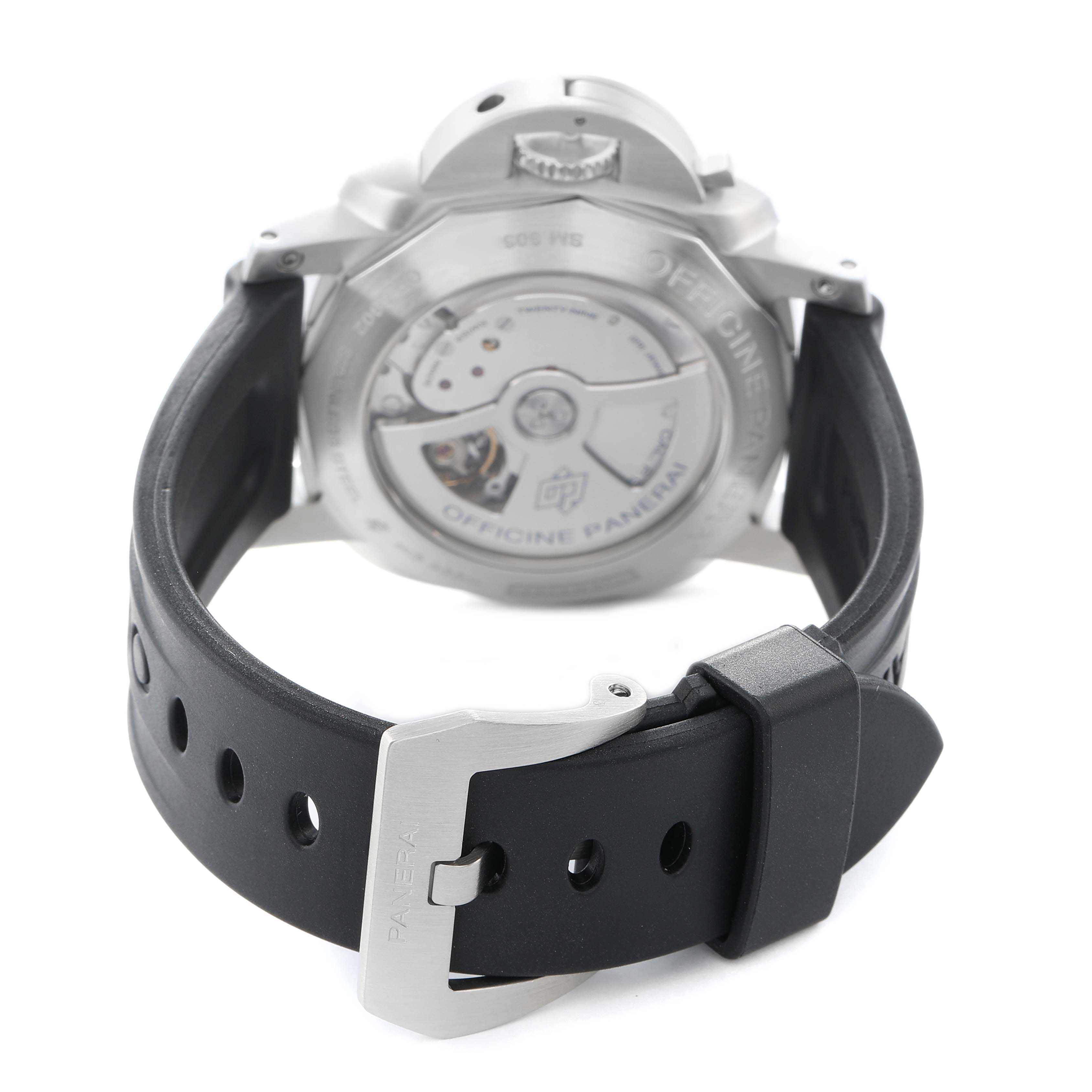 The image shows the back view of a Panerai Luminor PAM00321 Men's Stainless Steel Black Dial watch, highlighting the case back and buckle of the strap.