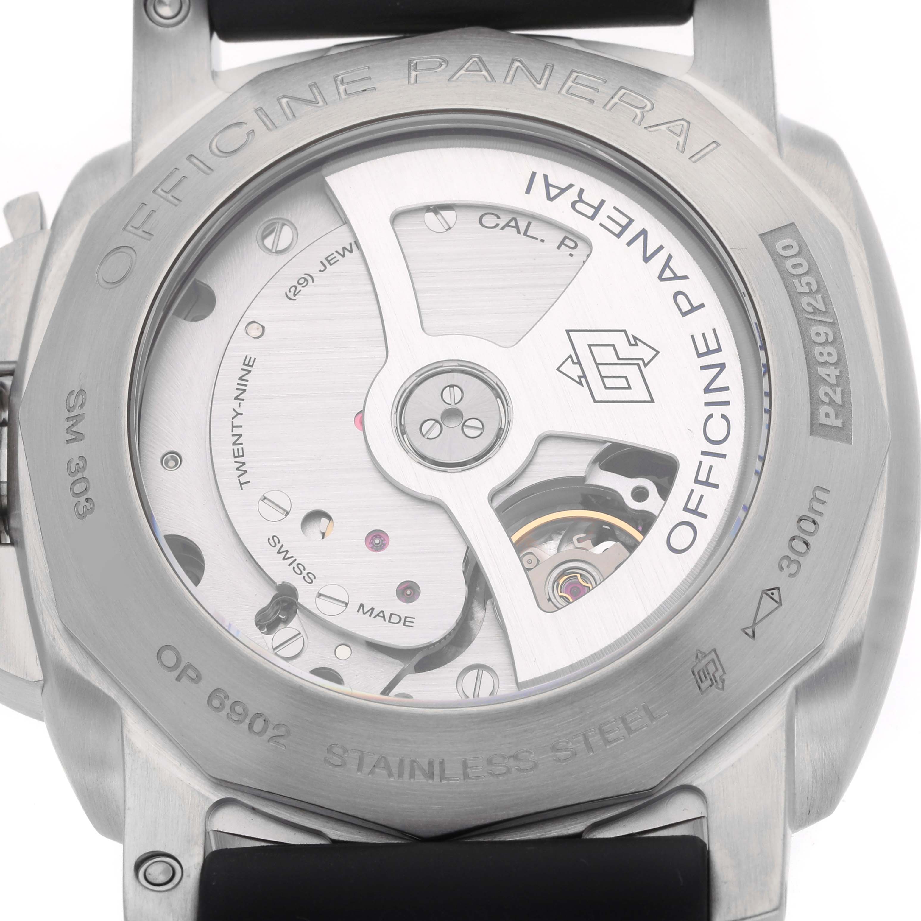 The image shows the back view of a Panerai Luminor PAM00321 Men's Stainless Steel Black Dial watch, highlighting its movement and engravings.