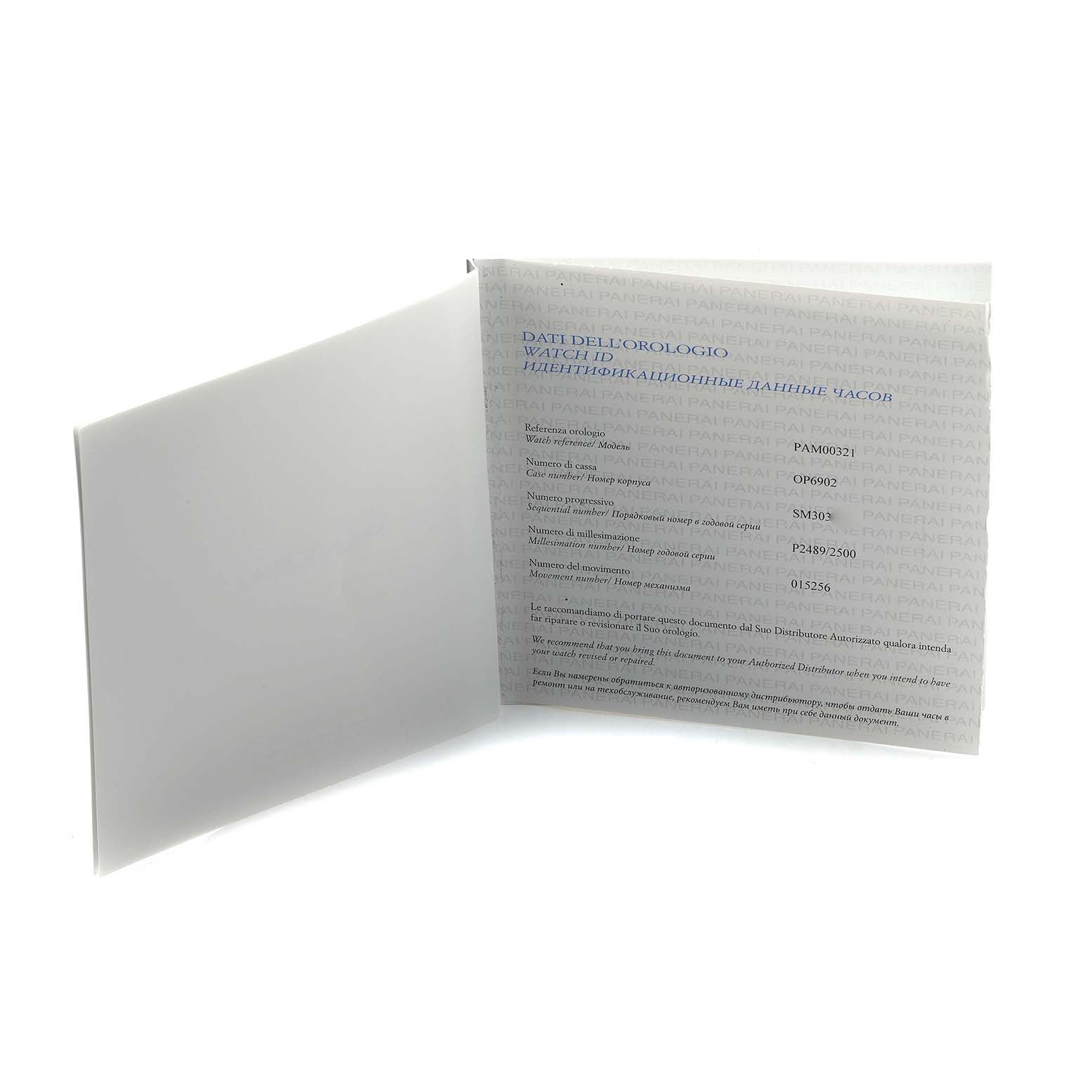 The image shows an open manual, possibly for the Panerai Luminor PAM00321 Men's Stainless Steel Black Dial watch, displaying identification details.