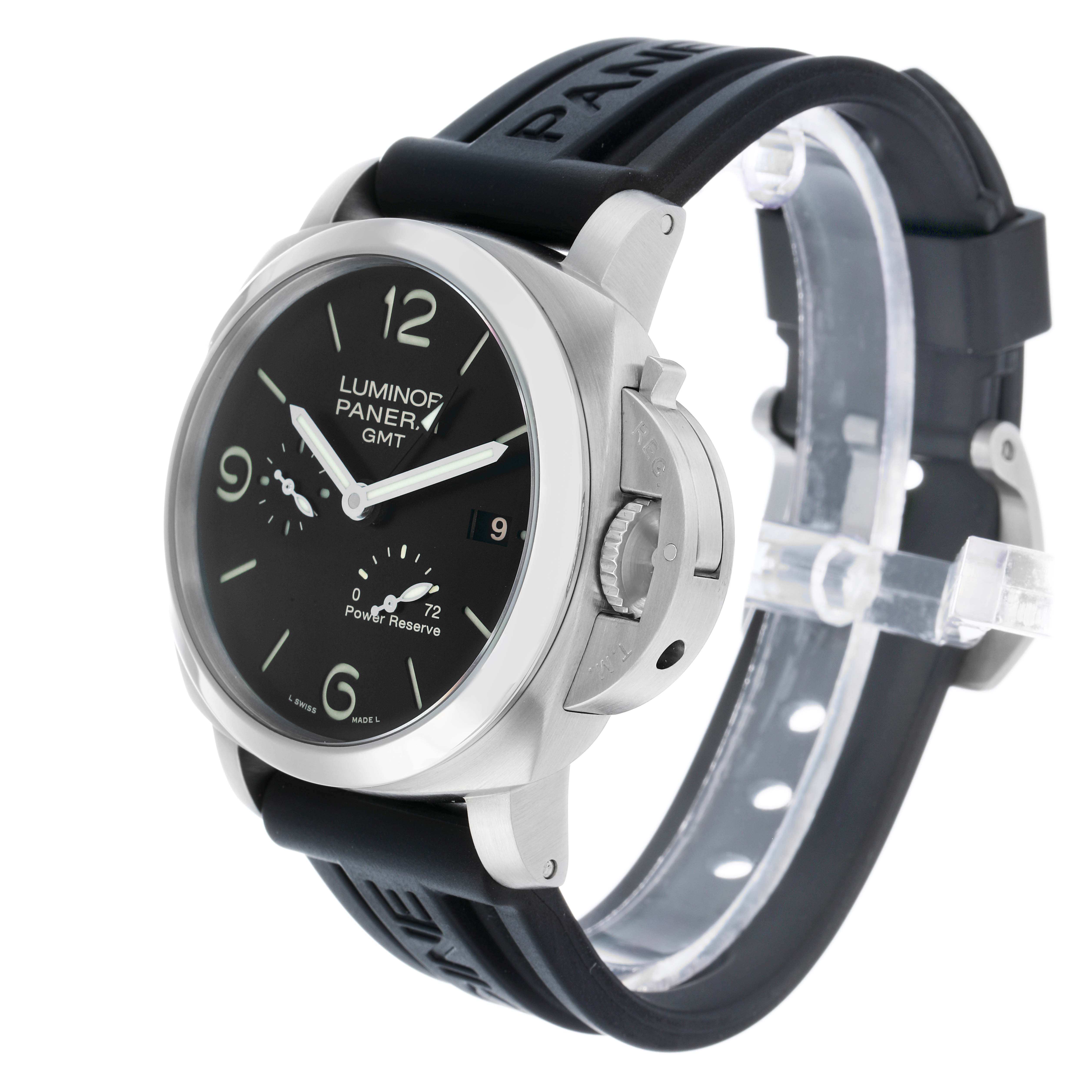 The image shows a side and front angle of a Panerai Luminor PAM00321 Men's Stainless Steel Black Dial watch, highlighting the case, crown guard, dial, and strap.