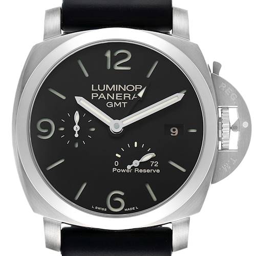 The Panerai Luminor PAM00321 Men
s Stainless Steel Black Dial watch is shown from the front, displaying the dial, crown guard, and power reserve indicator.