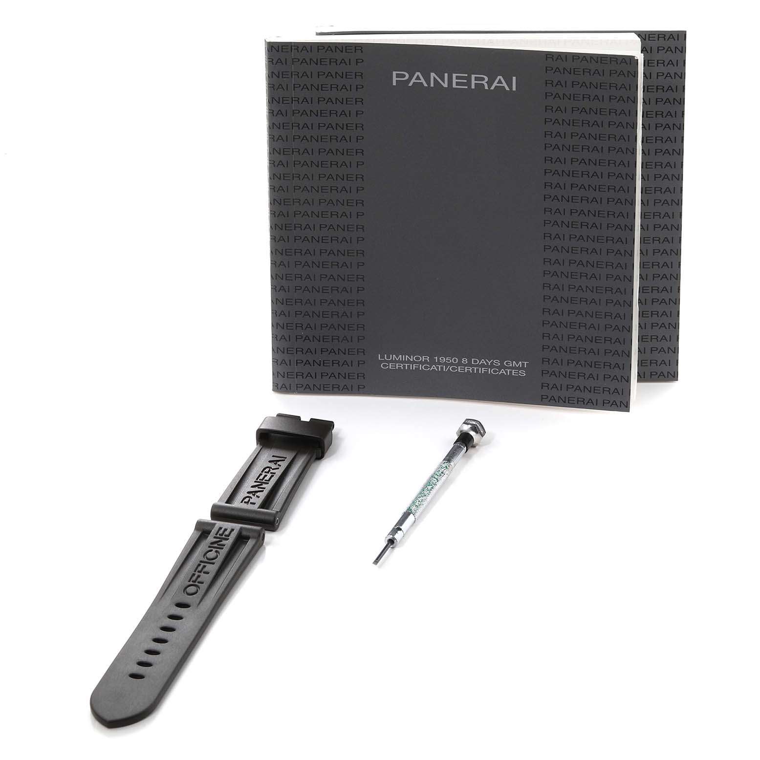 The image shows a Panerai Luminor PAM00576 Men
s Rose Gold Brown Dial PAM00576 Men
s Rose Gold Brown Dial watch accessory set including a strap, a tool, and a certificate book.