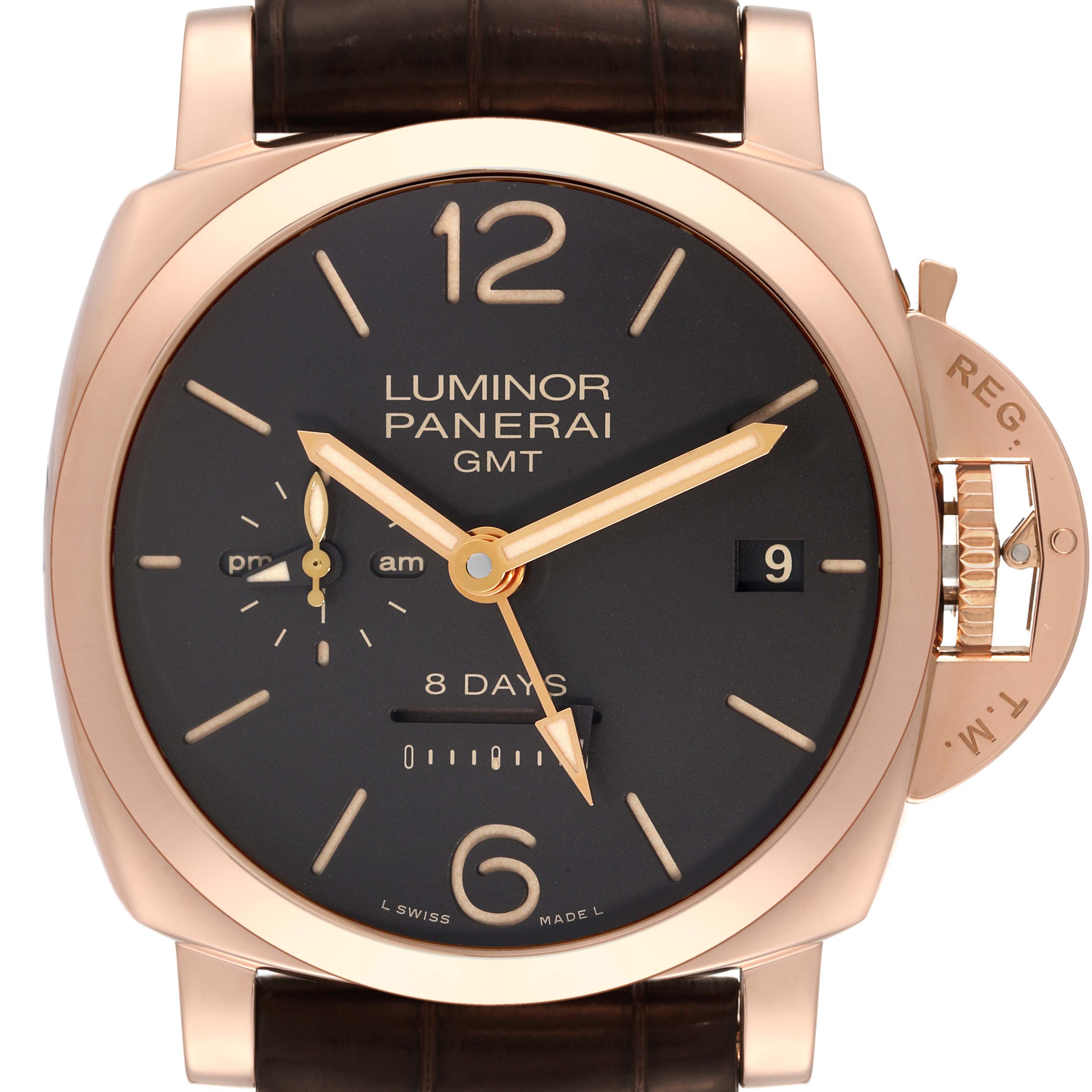 The image shows a front view of a Panerai Luminor PAM00576 Men
s Rose Gold Brown Dial PAM00576 Men
s Rose Gold Brown Dial watch, displaying its dial, hands, brand logo, and crown guard.
