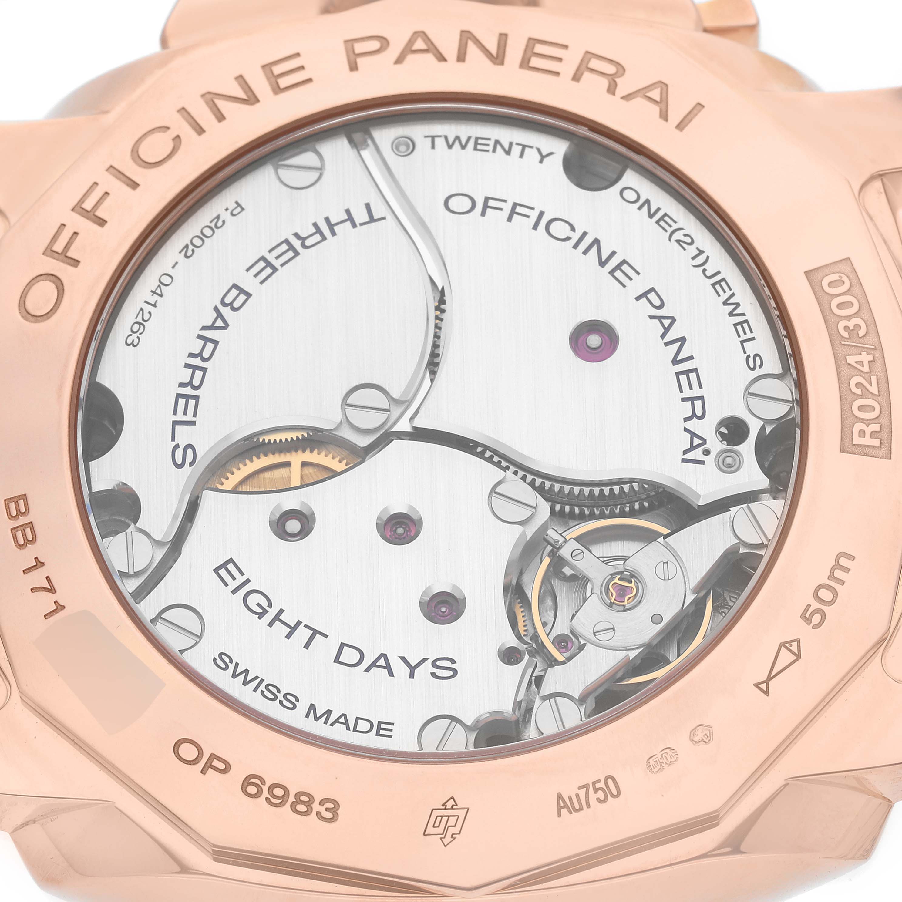This is a rear angle view showing the movement and inscriptions inside a Panerai Luminor PAM00576 Men
s Rose Gold Brown Dial PAM00576 Men
s Rose Gold Brown Dial watch.