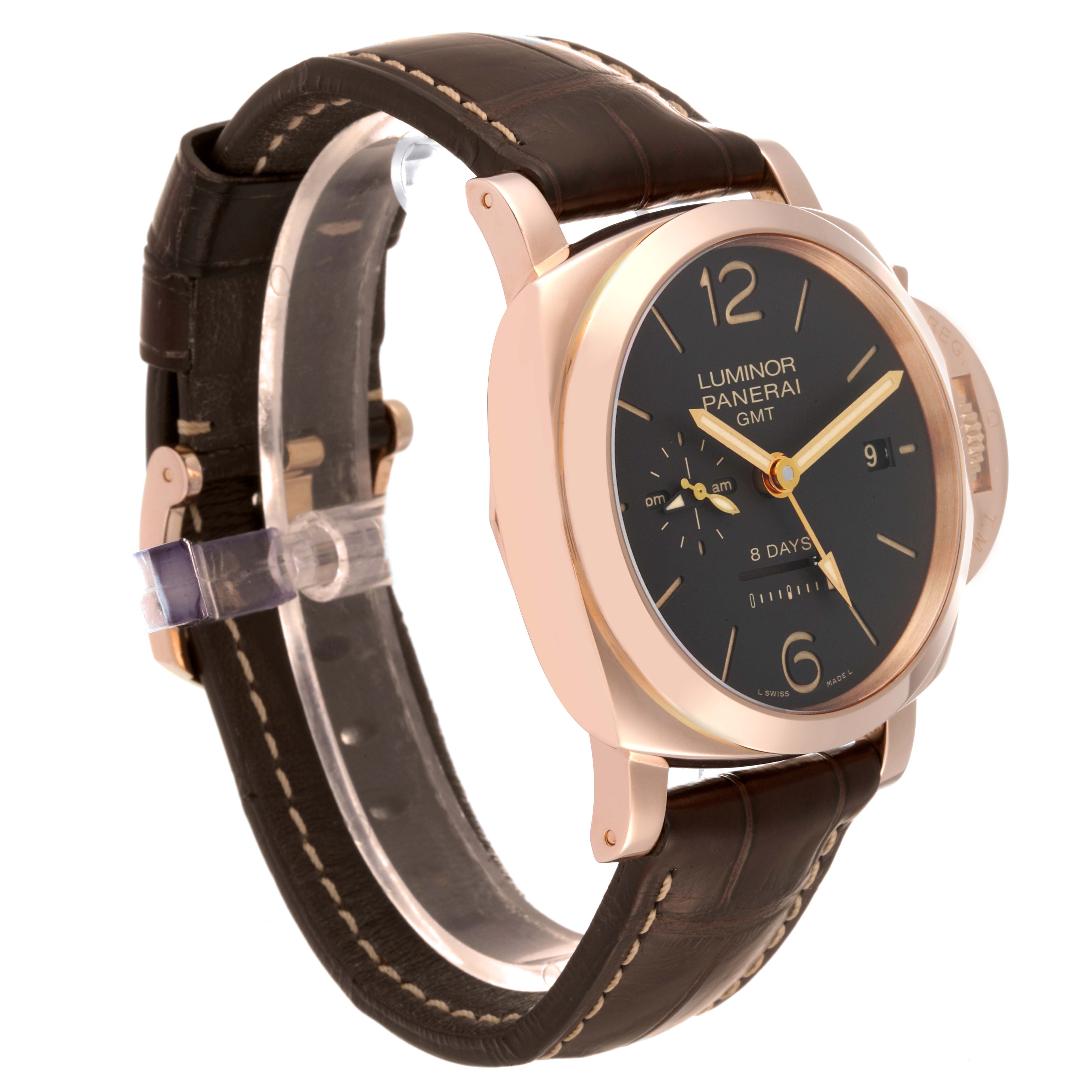 The image shows a side view of a Panerai Luminor PAM00576 Men
s Rose Gold Brown Dial PAM00576 Men
s Rose Gold Brown Dial watch displaying its dial, crown, and leather strap.