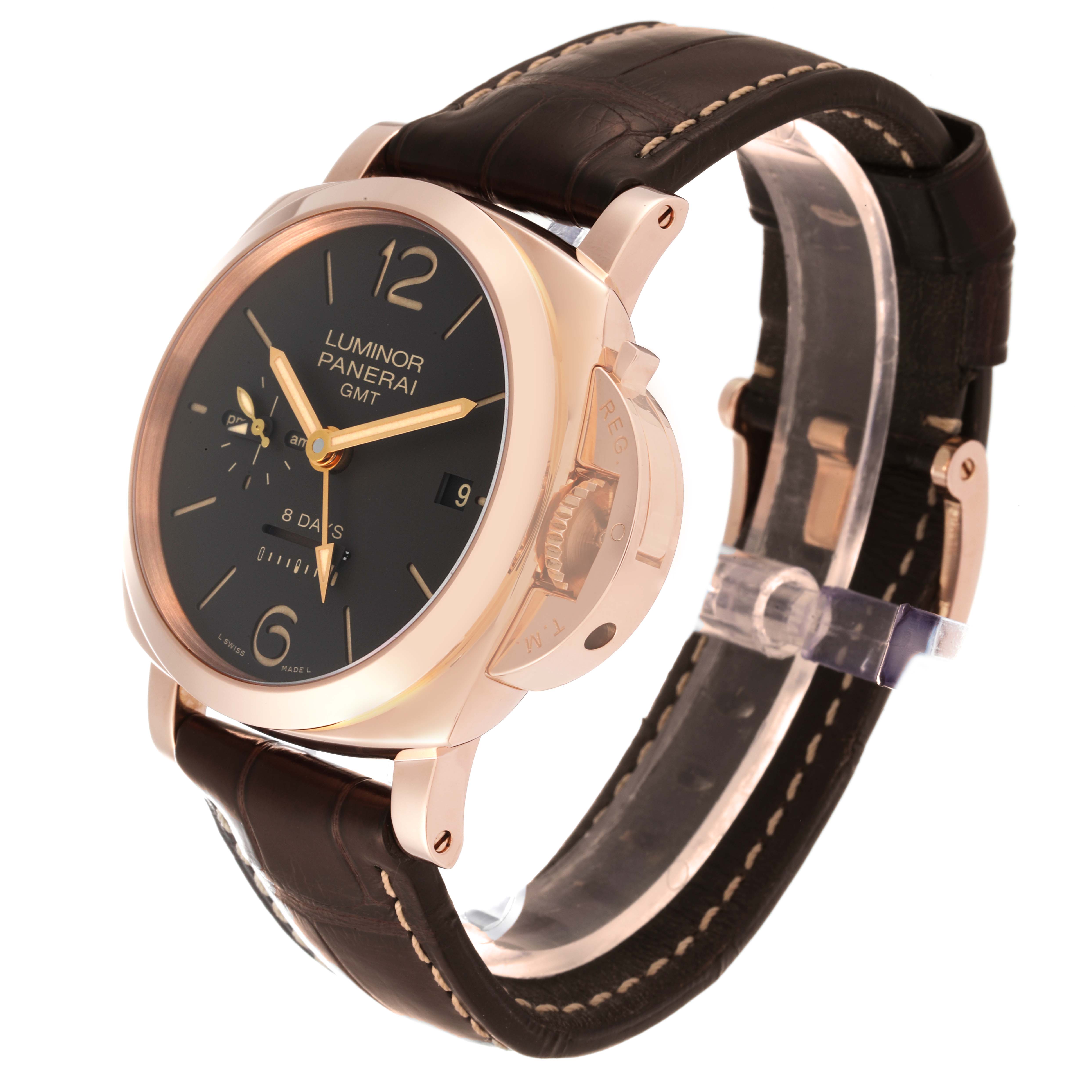 This image shows a Panerai Luminor PAM00576 Men
s Rose Gold Brown Dial PAM00576 Men
s Rose Gold Brown Dial model watch from a three-quarter front angle displaying the dial, case, and strap.