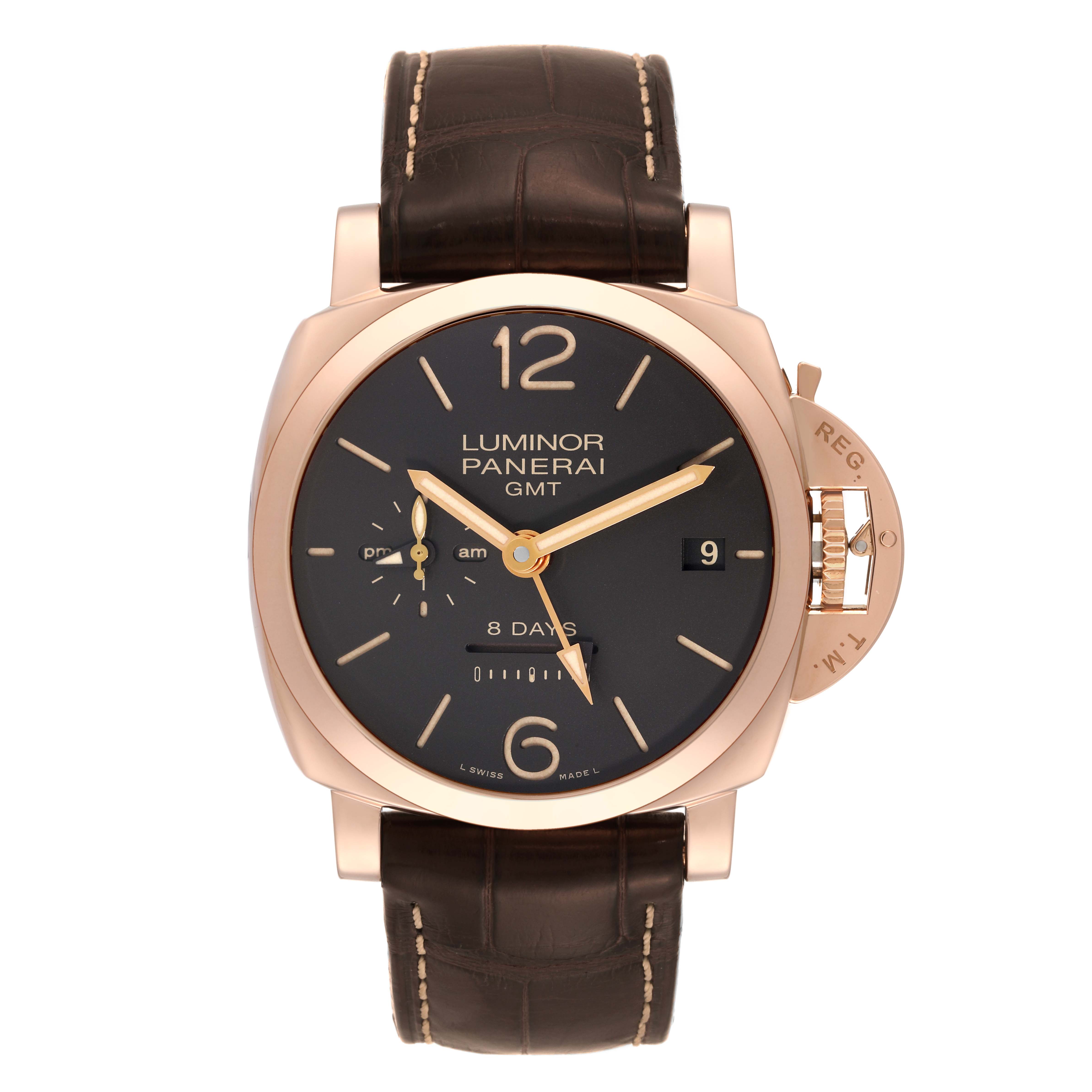 The image shows a front view of the Panerai Luminor PAM00576 Men
s Rose Gold Brown Dial PAM00576 Men
s Rose Gold Brown Dial GMT watch, highlighting its dial, case, and leather strap.