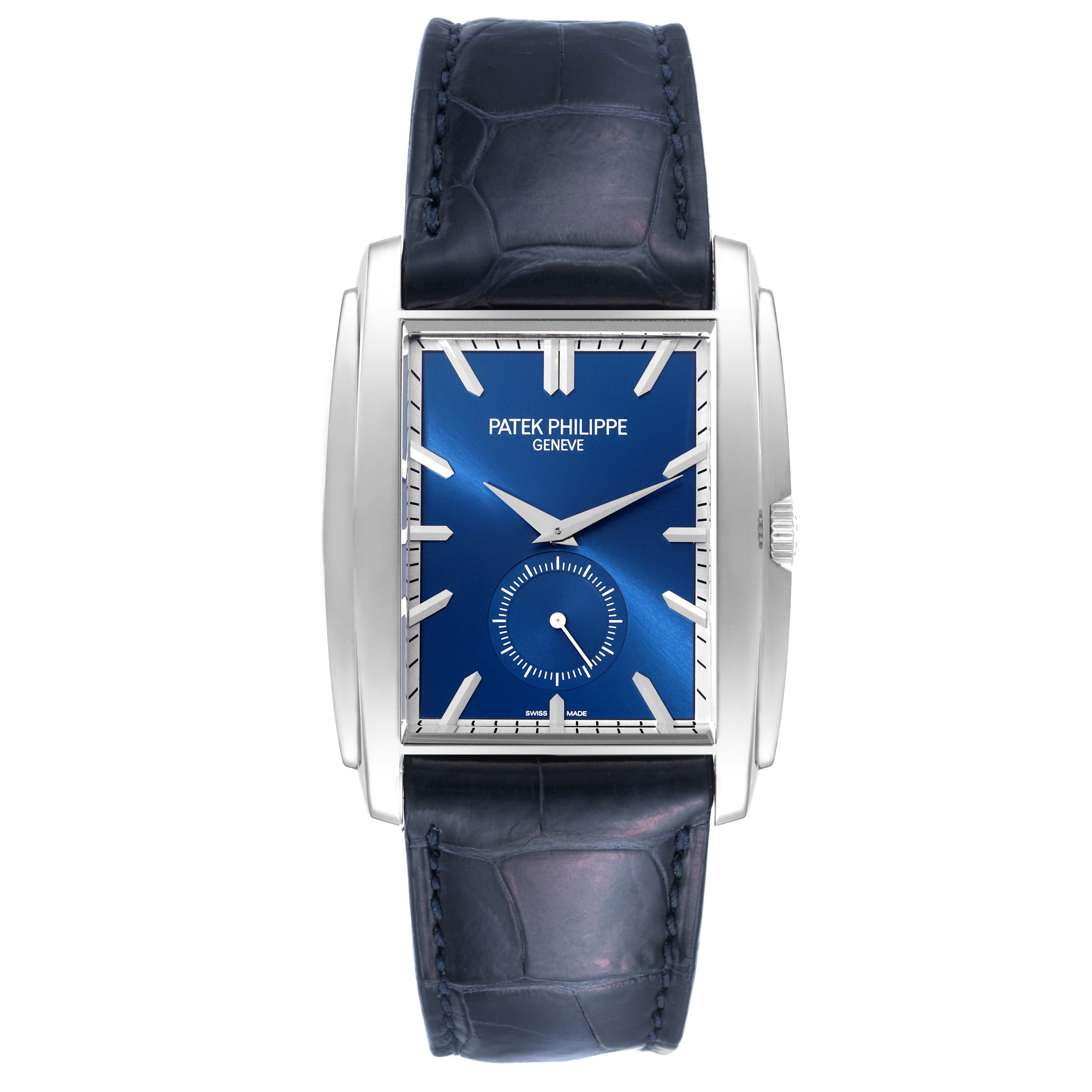 The image shows a frontal view of the Patek Philippe Gondolo 5124G Men's White Gold Blue Dial 5124G Men's White Gold Blue Dial watch, highlighting its blue dial and leather strap.