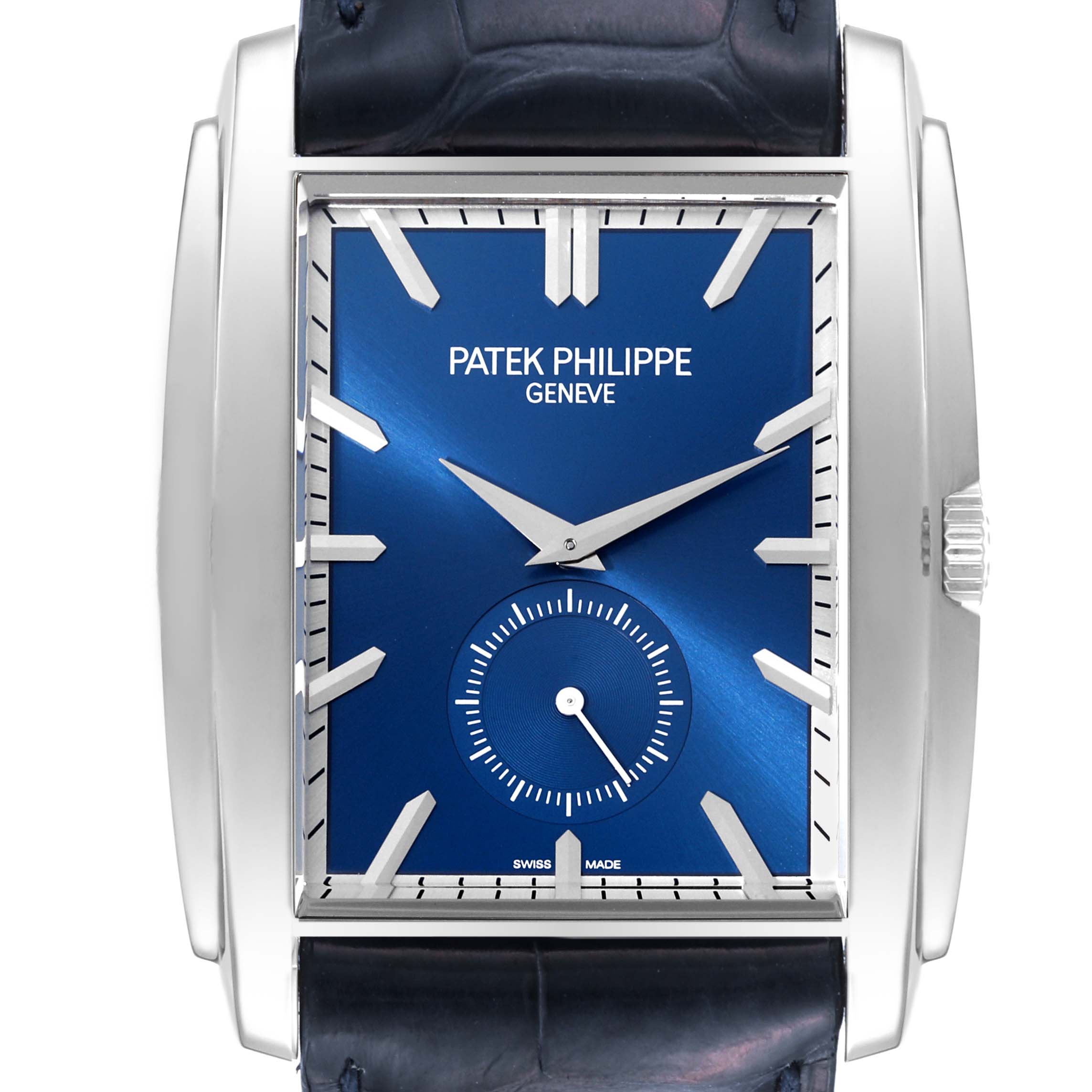 The image shows a front view of the Patek Philippe Gondolo 5124G Men's White Gold Blue Dial 5124G Men's White Gold Blue Dial watch, highlighting its blue dial and silver markers.