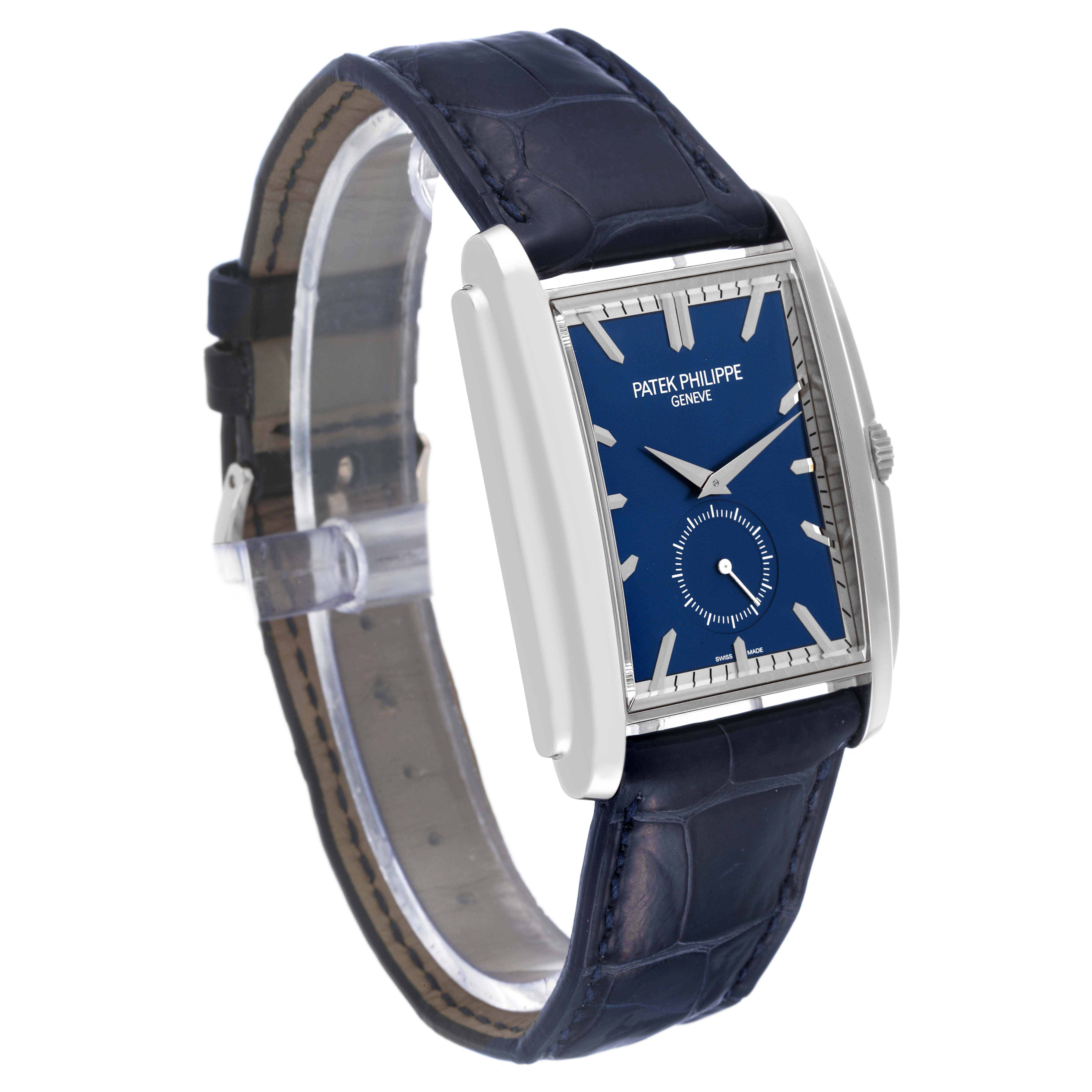 The image shows a Patek Philippe Gondolo 5124G Men's White Gold Blue Dial 5124G Men's White Gold Blue Dial watch from a front-left angle, highlighting its blue dial and leather strap.