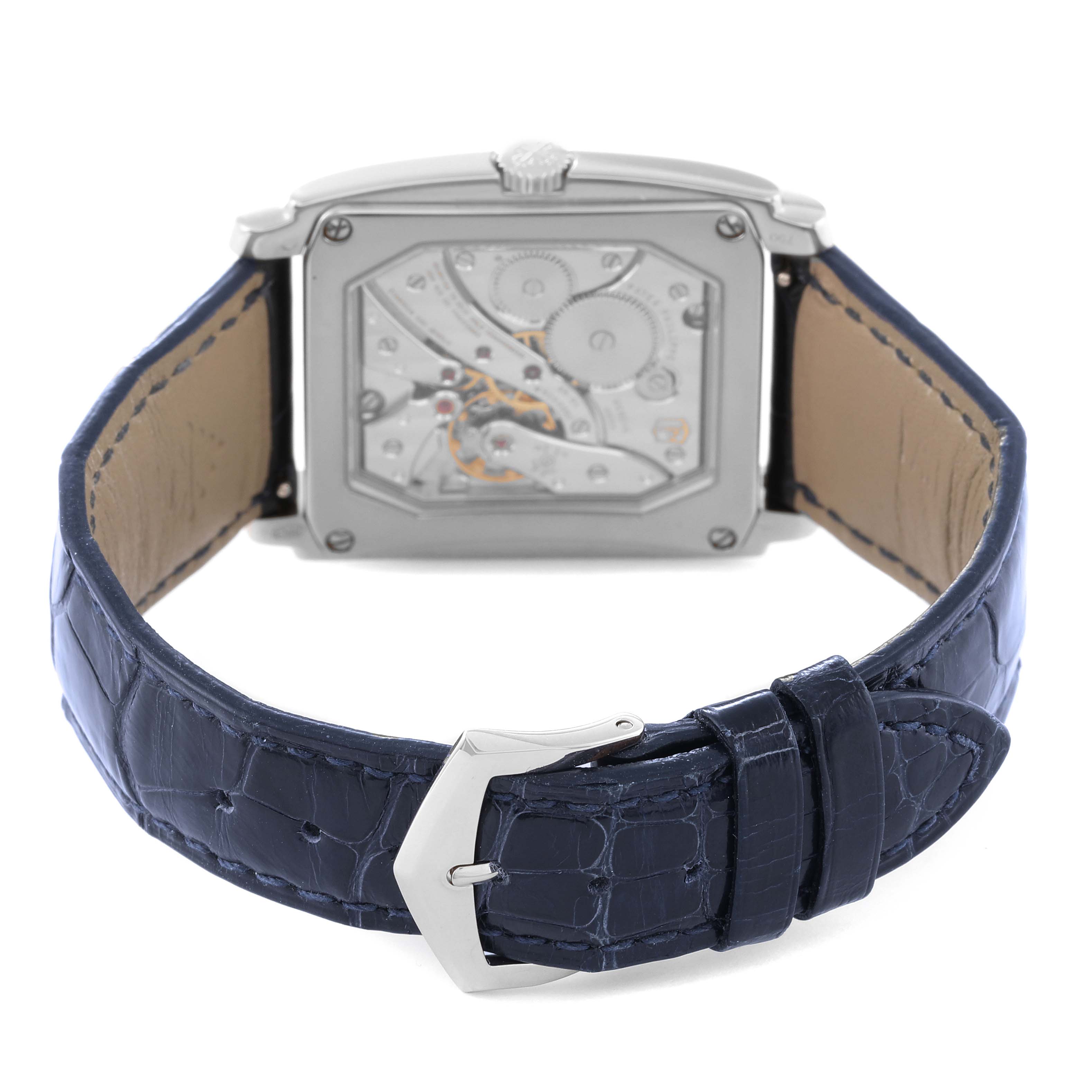 This is a rear view of the Patek Philippe Gondolo 5124G Men's White Gold Blue Dial 5124G Men's White Gold Blue Dial watch, showing its open case back and leather strap with a buckle.