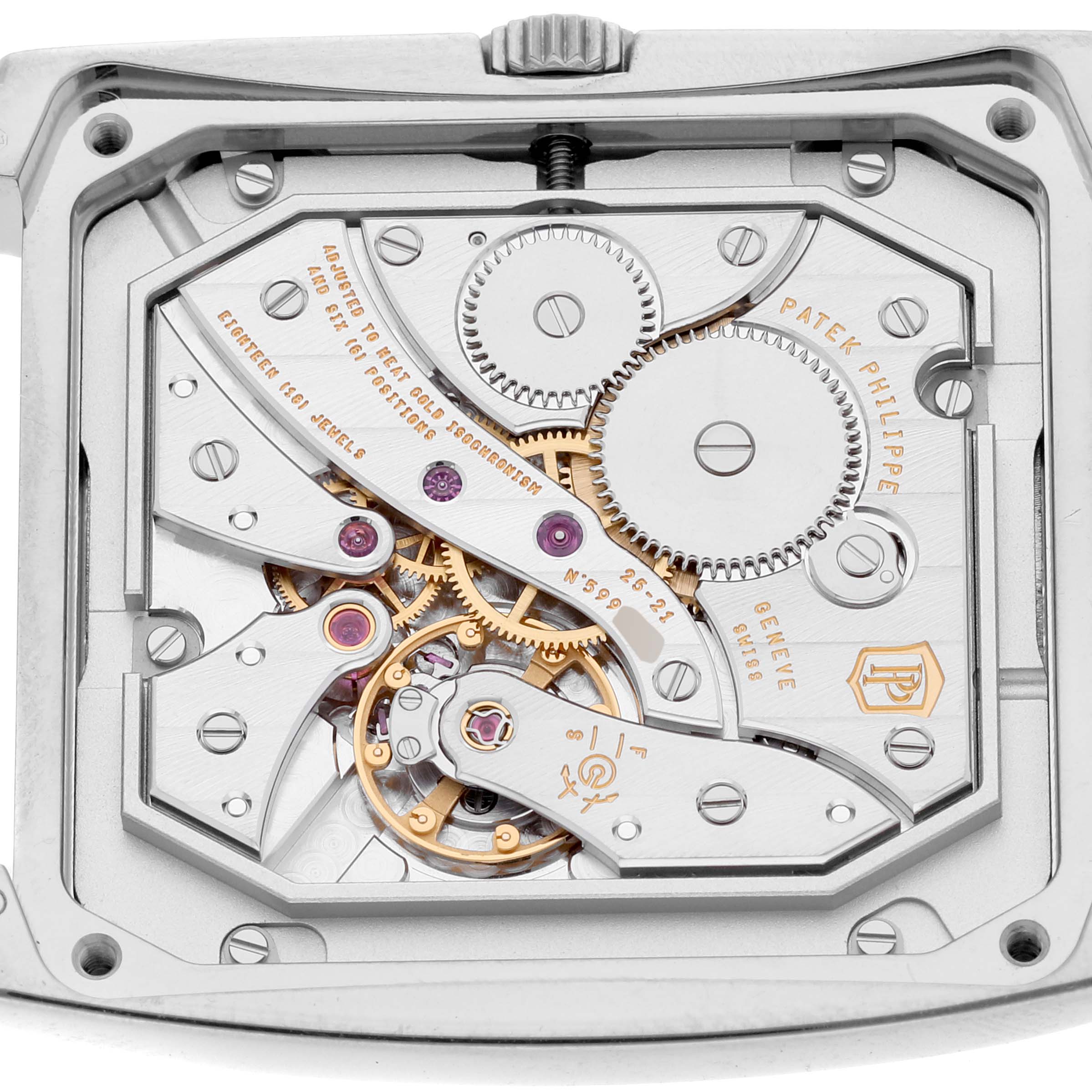 The image shows the intricate internal mechanism of the Patek Philippe Gondolo 5124G Men's White Gold Blue Dial 5124G Men's White Gold Blue Dial watch viewed from the back.