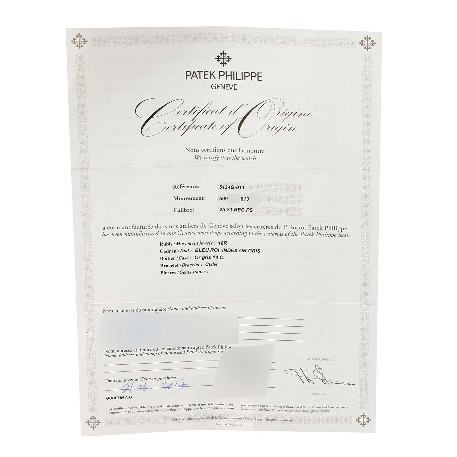 The image shows a Certificate of Origin for the Patek Philippe Gondolo 5124G Men's White Gold Blue Dial 5124G Men's White Gold Blue Dial model watch, detailing its specifications and authenticity.