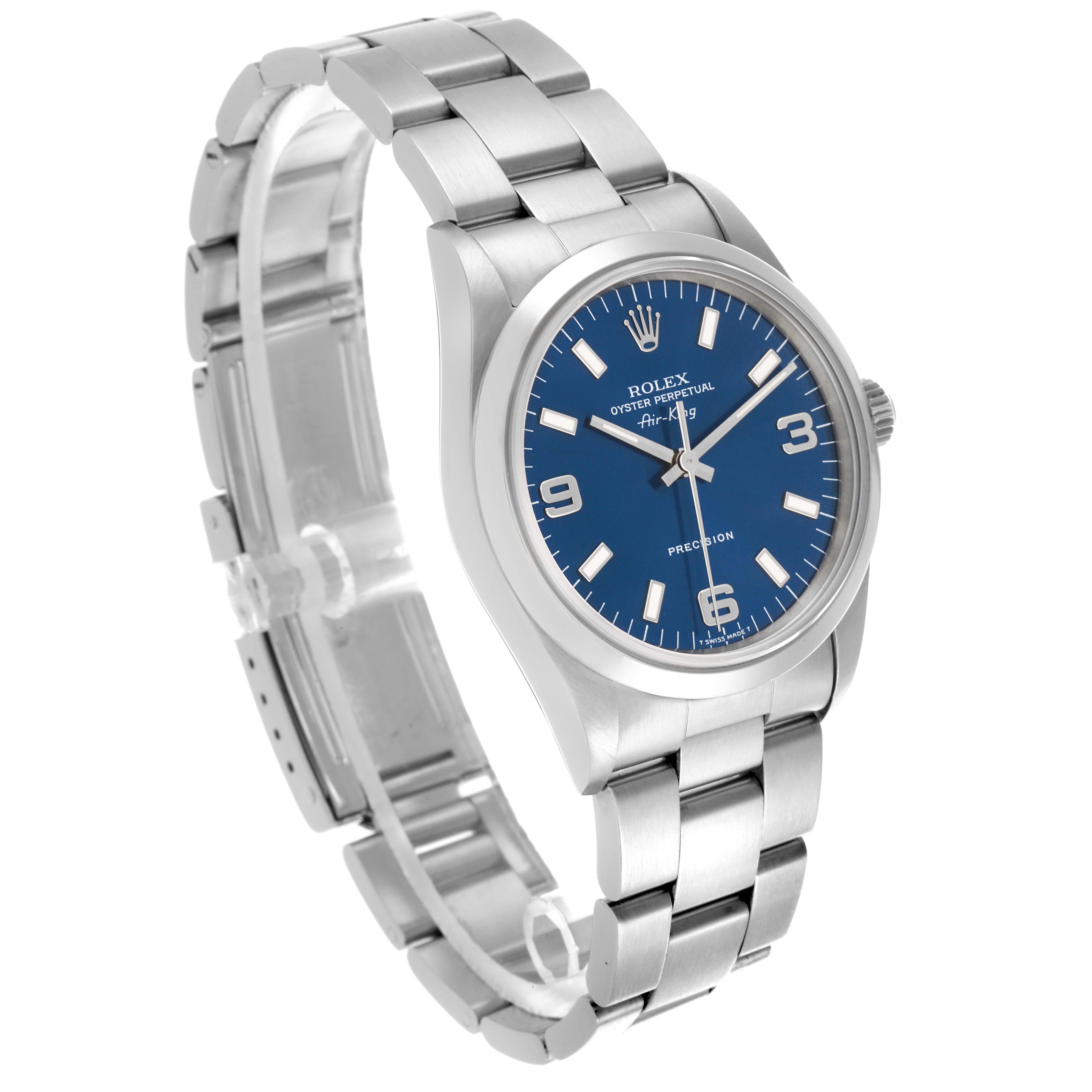 The Rolex Air-King 14000 Men's Stainless Steel Blue Dial 14000 Men's Stainless Steel Blue Dial watch is shown from a three-quarter angle, highlighting the bracelet, dial, and case.