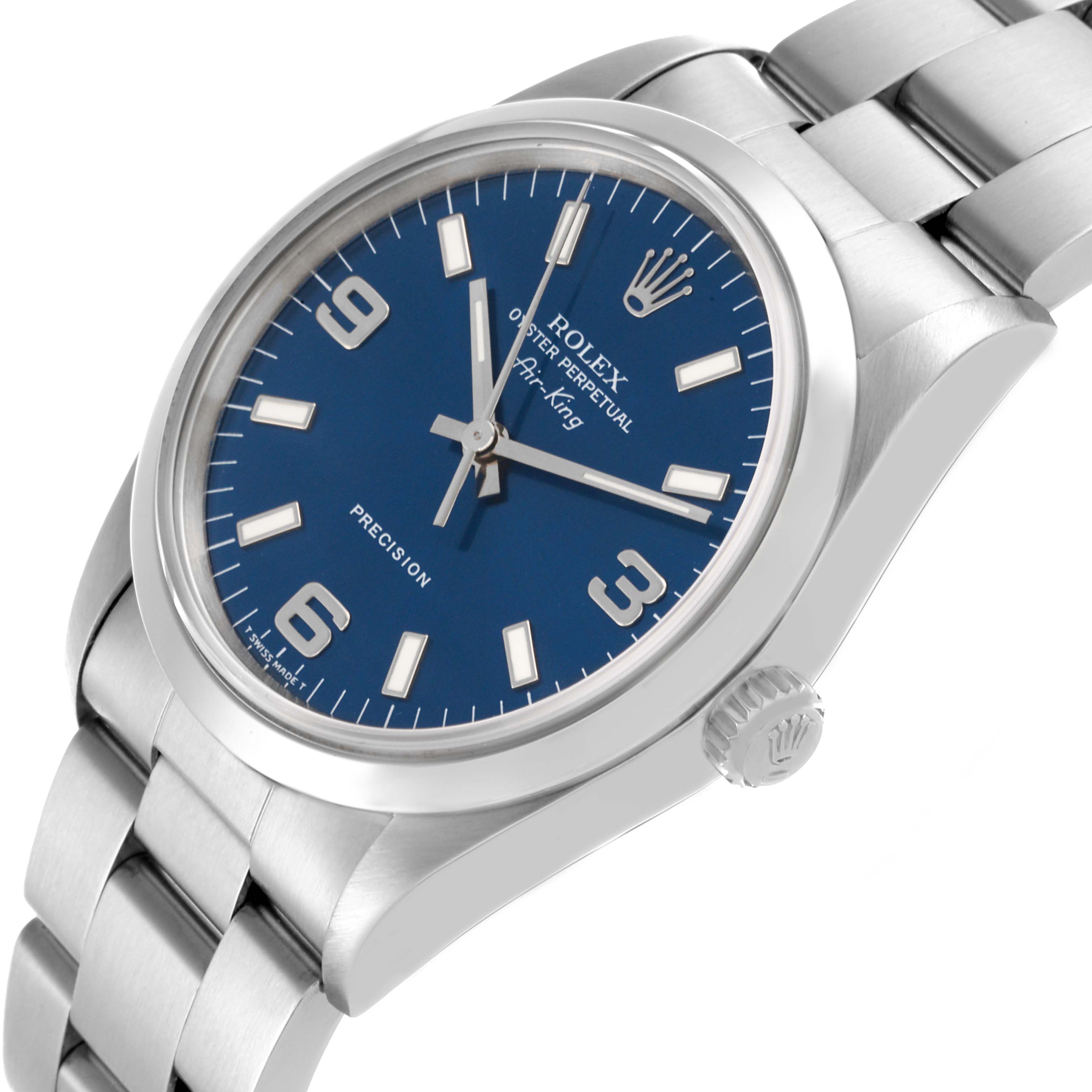 The Rolex Air-King 14000 Men's Stainless Steel Blue Dial 14000 Men's Stainless Steel Blue Dial watch is shown at a slight angle, displaying the watch face, crown, and part of the bracelet.