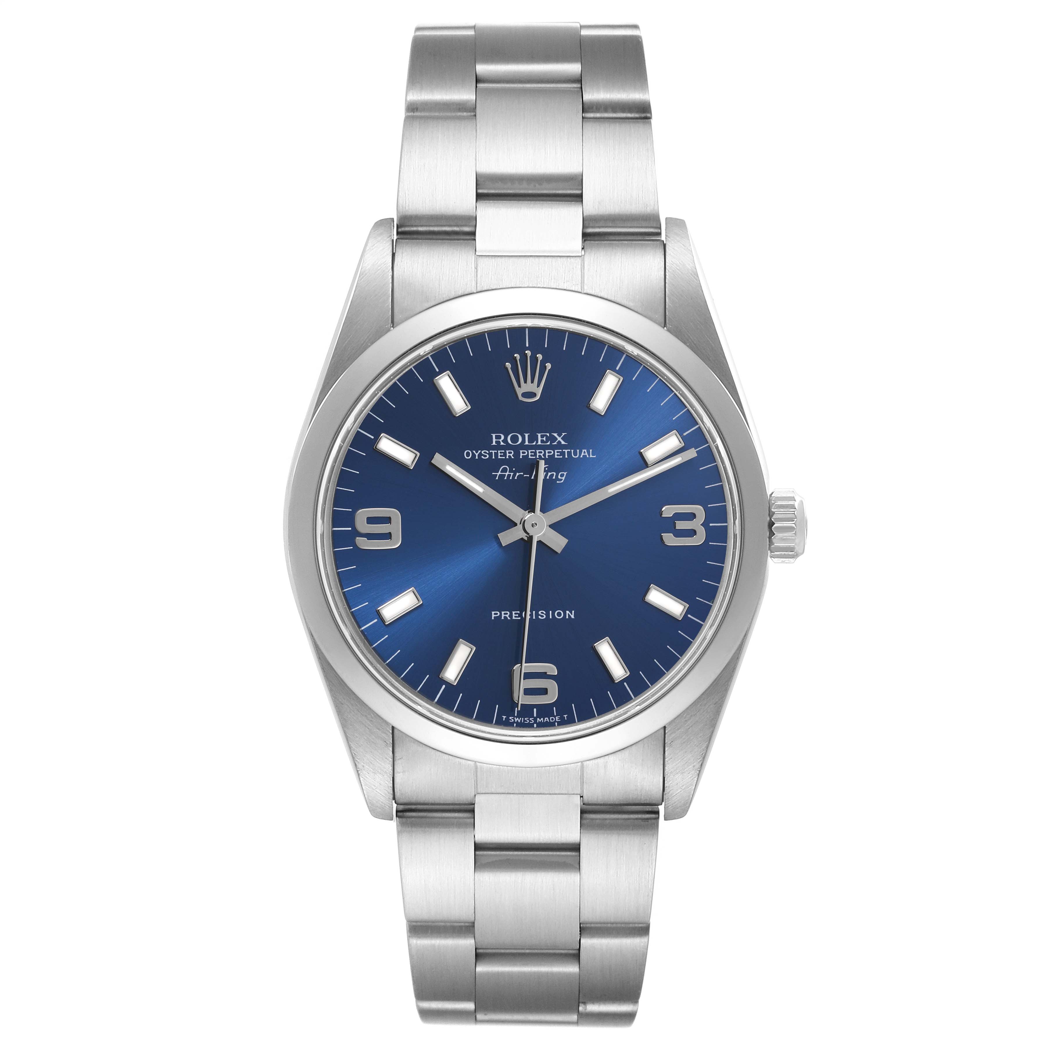 The image shows a front view of a Rolex Air-King 14000 Men's Stainless Steel Blue Dial 14000 Men's Stainless Steel Blue Dial watch, displaying the blue dial and stainless steel bracelet.