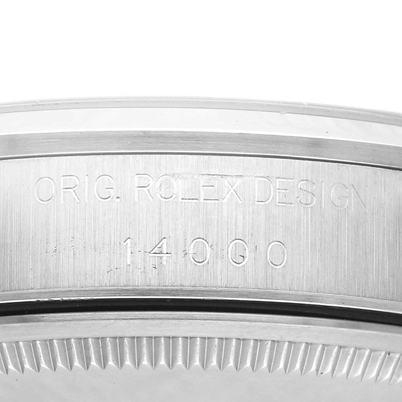 The image shows the side view of a Rolex Air-King 14000 Men's Stainless Steel Blue Dial 14000 Men's Stainless Steel Blue Dial, focusing on the bezel and engraved model number.