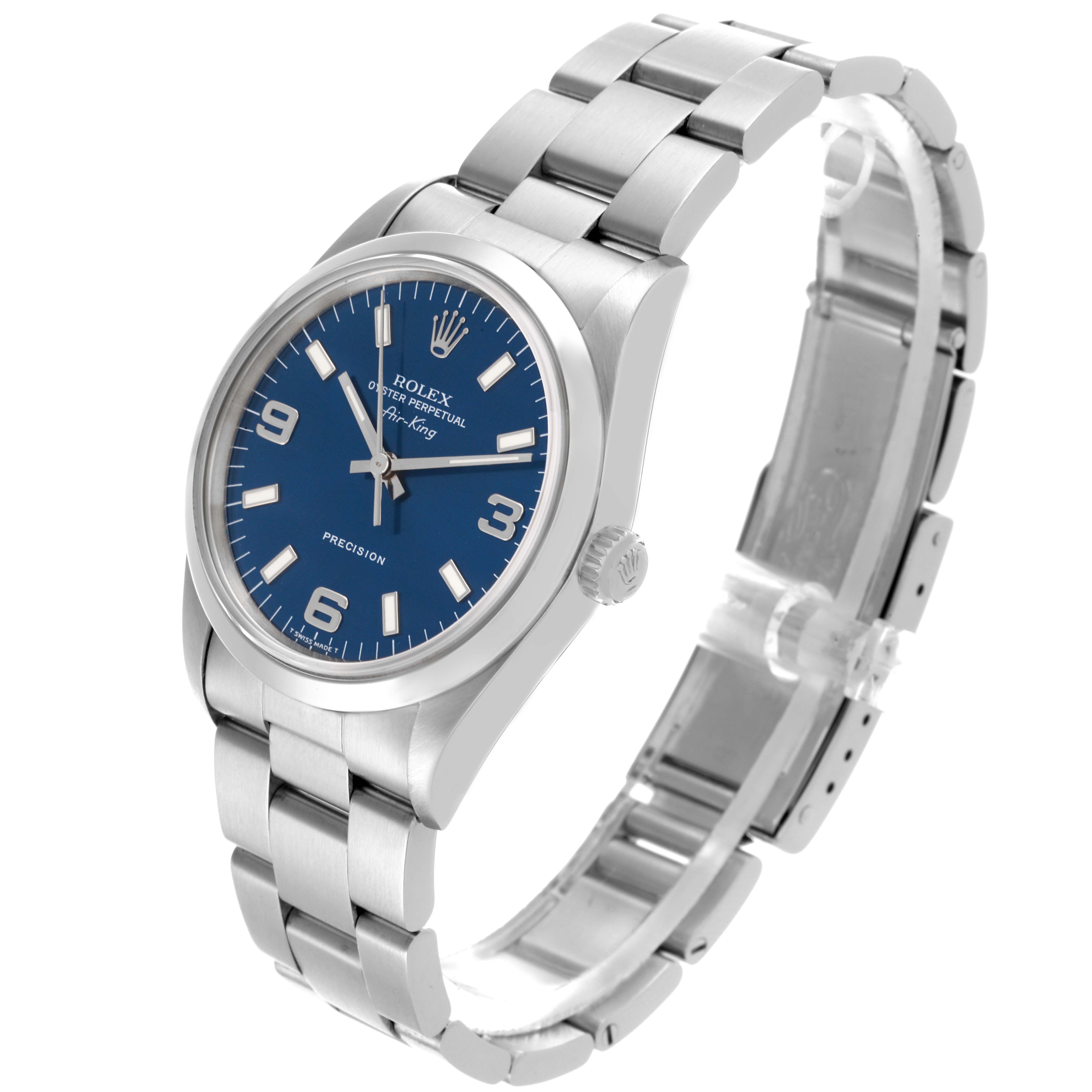 The Rolex Air-King 14000 Men's Stainless Steel Blue Dial 14000 Men's Stainless Steel Blue Dial watch is shown at a slight angle, highlighting the bracelet, bezel, and blue dial.