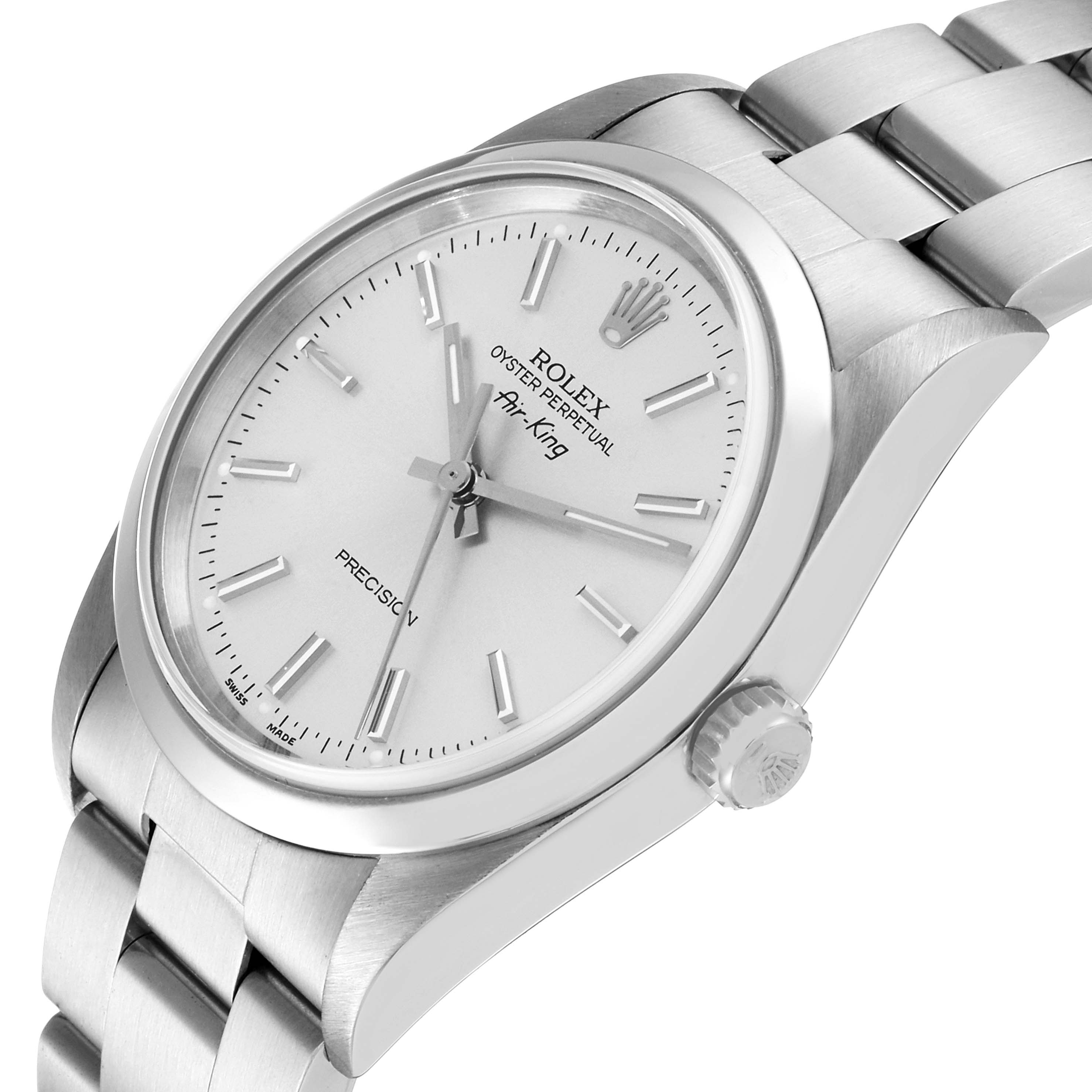 The image shows a Rolex Air-King 14000 Men's Stainless Steel Silver Dial 14000 Men's Stainless Steel Silver Dial watch at an angled view, highlighting the dial, crown, and part of the bracelet.