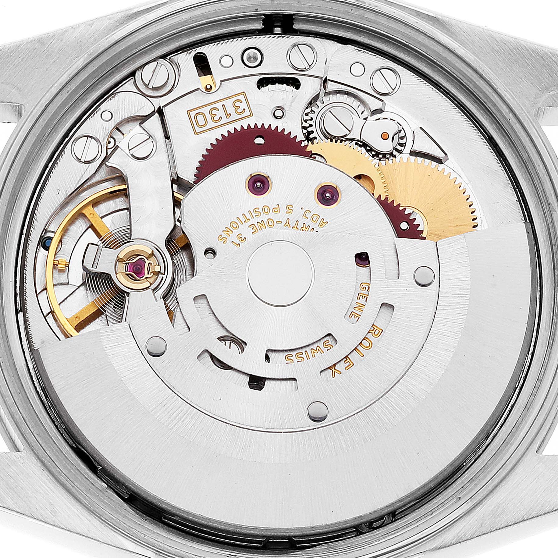 This image shows the internal mechanism and movement of the Rolex Air-King 14000 Men's Stainless Steel Silver Dial 14000 Men's Stainless Steel Silver Dial watch viewed from the back.