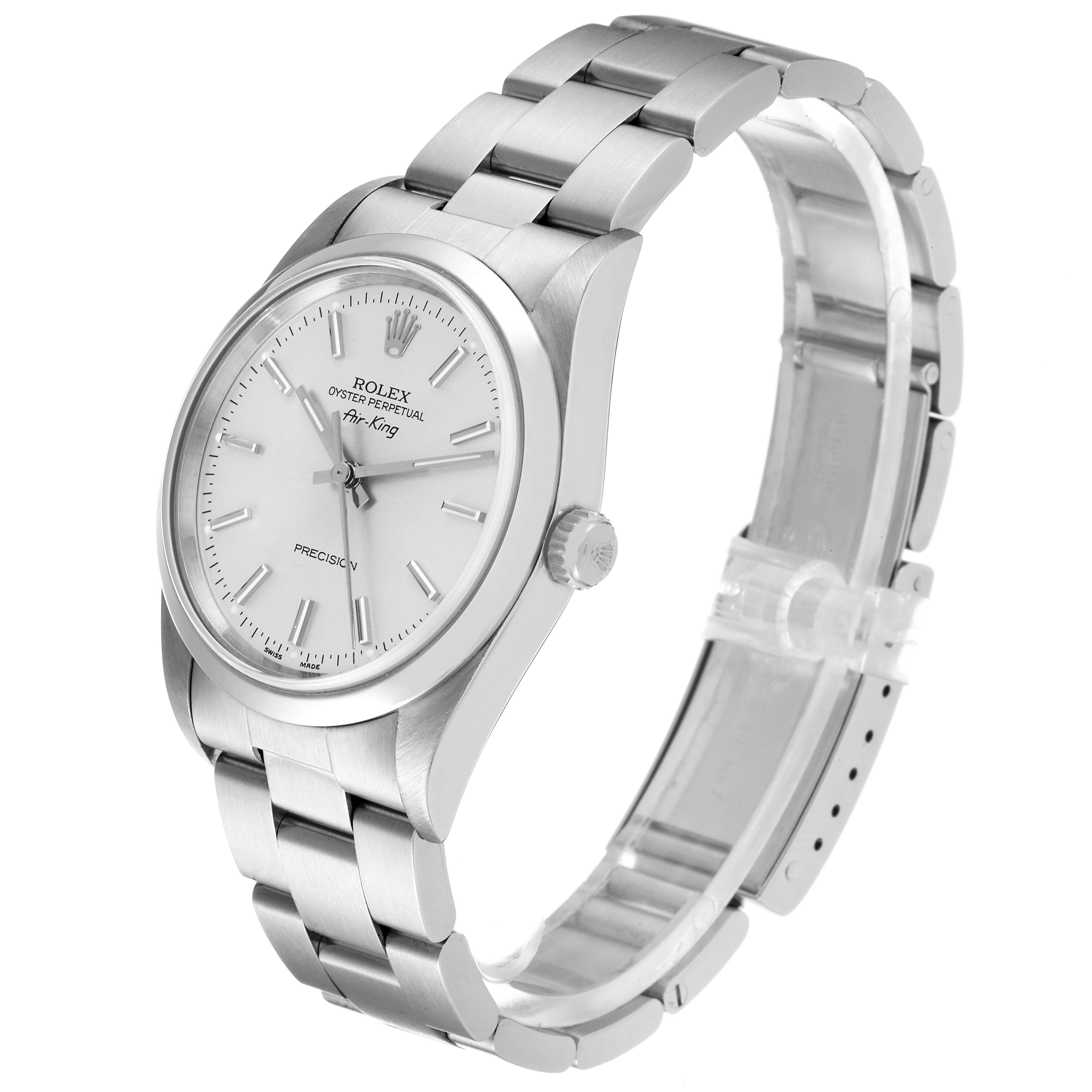 The image shows a Rolex Air-King 14000 Men's Stainless Steel Silver Dial 14000 Men's Stainless Steel Silver Dial watch at a three-quarter angle, highlighting its face, bezel, and bracelet.