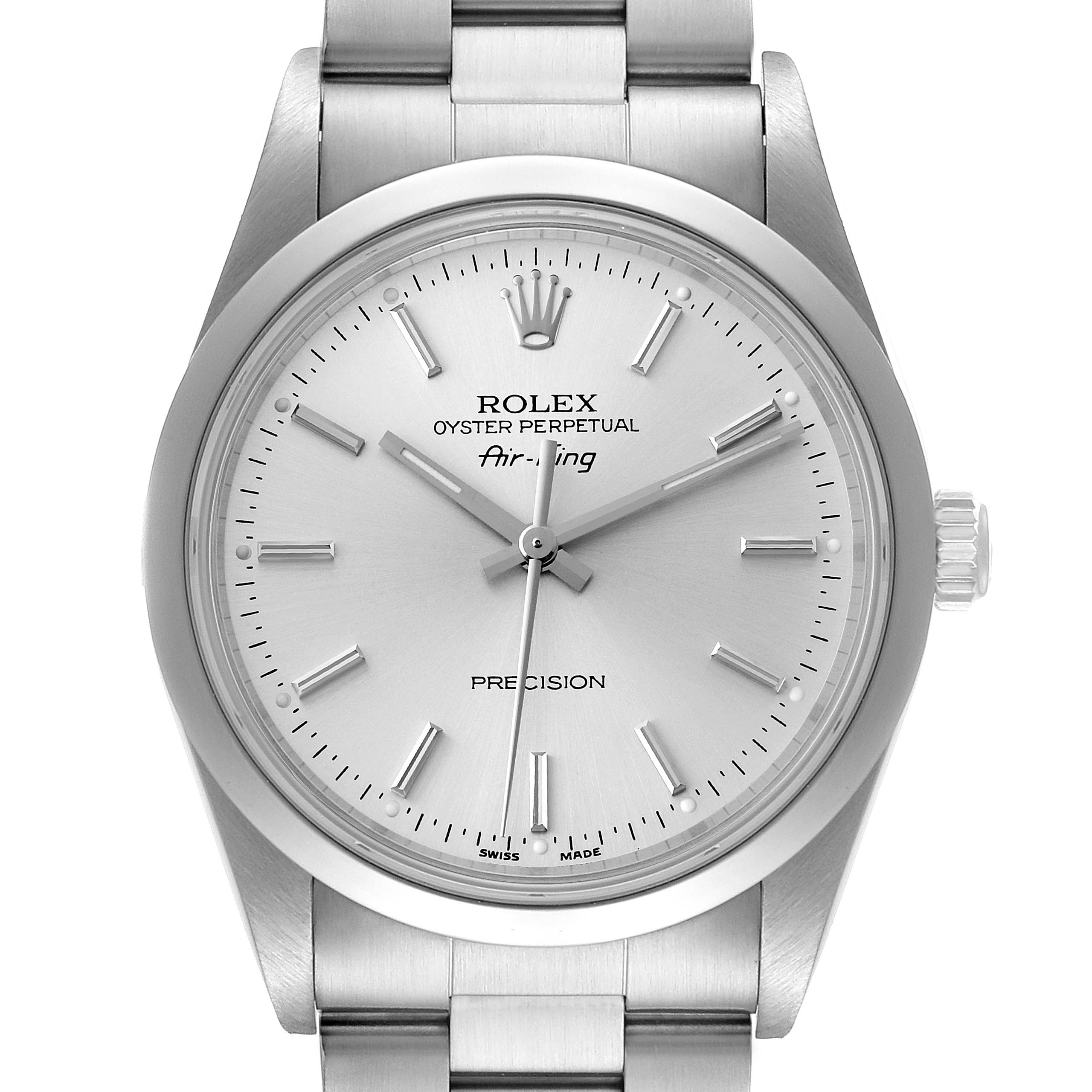 The image shows a front view of a Rolex Air-King 14000 Men's Stainless Steel Silver Dial 14000 Men's Stainless Steel Silver Dial watch, highlighting the dial, hands, crown, and part of the band.