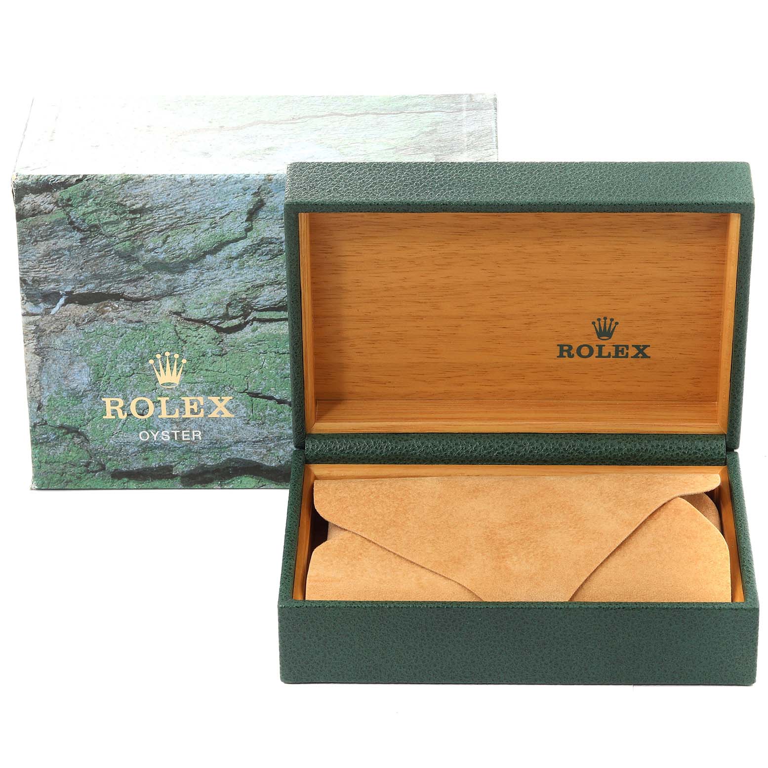 The image shows an open Rolex Air-King 14000 Men's Stainless Steel Silver Dial 14000 Men's Stainless Steel Silver Dial watch box and its green outer packaging.