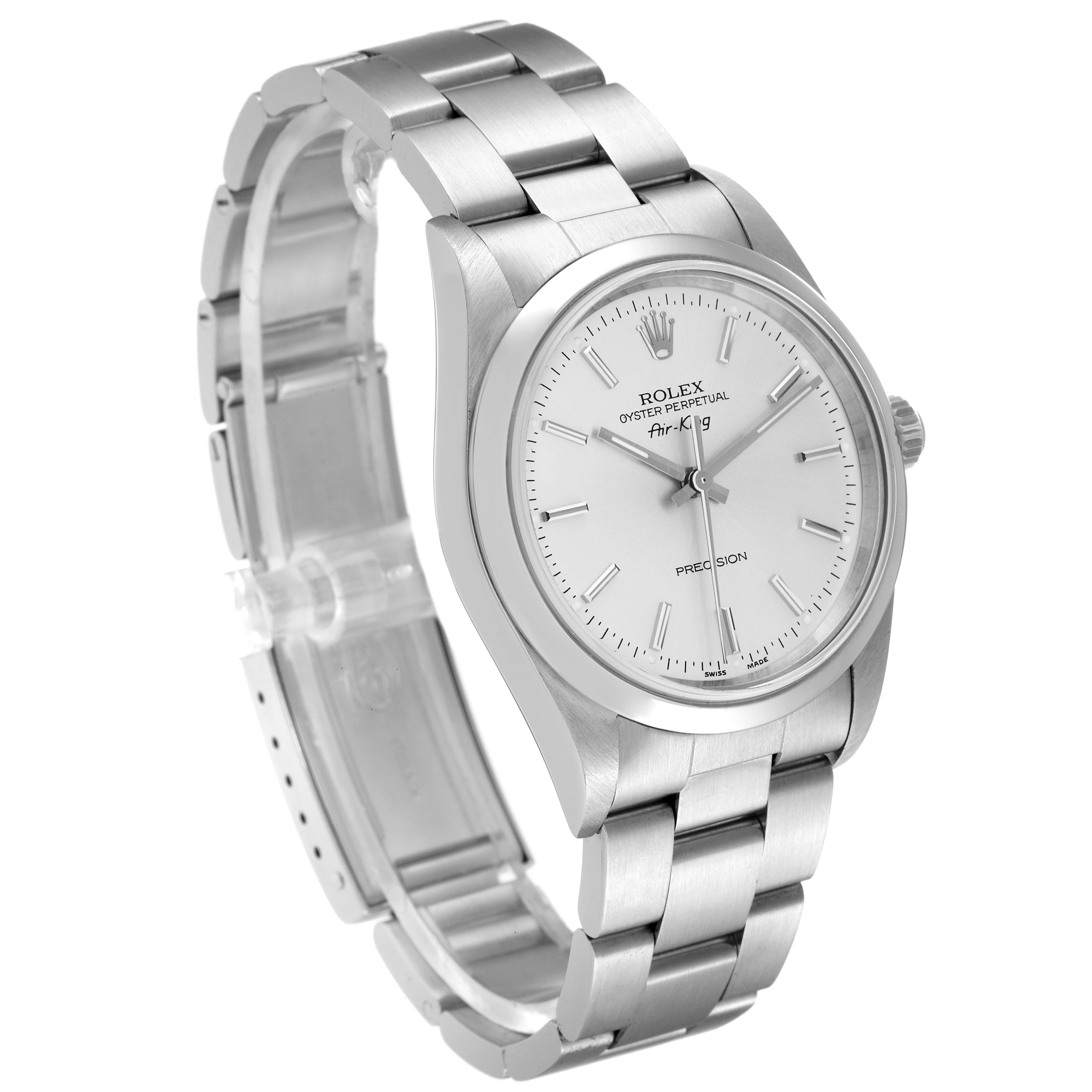 This image shows a Rolex Air-King 14000 Men's Stainless Steel Silver Dial 14000 Men's Stainless Steel Silver Dial watch in a three-quarter angle, highlighting the dial, case, and stainless steel bracelet.