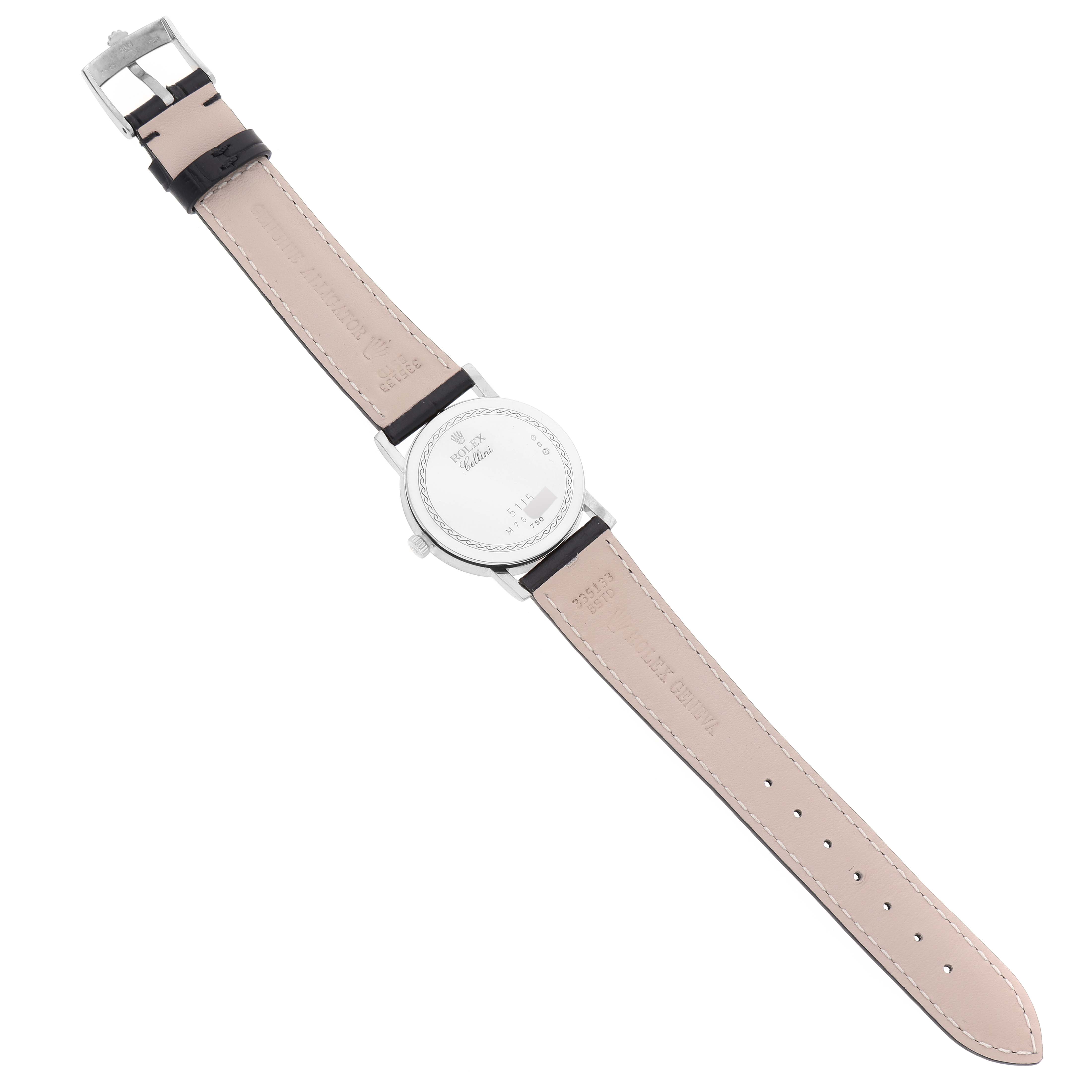 The image shows the back and straps of a Rolex Cellini 5115/9 Men's White Gold Beige Dial 5115/9 Men's White Gold Beige Dial watch, with the watch laid flat and the buckle visible.