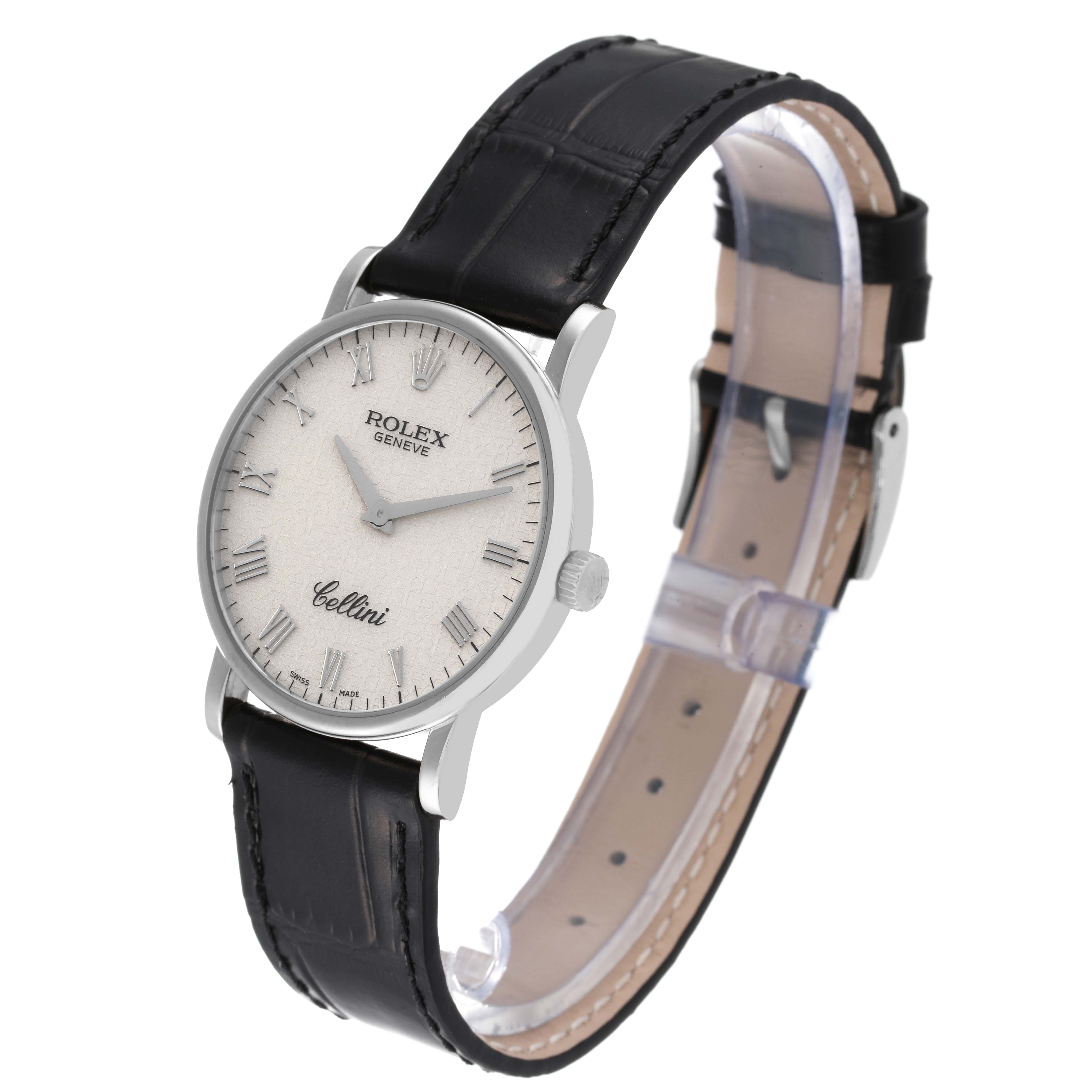 The watch is a Rolex Cellini 5115/9 Men's White Gold Beige Dial 5115/9 Men's White Gold Beige Dial model shown at a three-quarter angle, displaying its face, dial, and black leather strap.