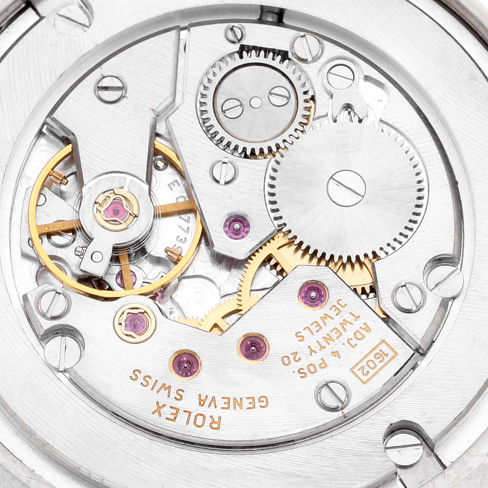 The image shows the detailed internal mechanism of the Rolex Cellini 5115/9 Men's White Gold Beige Dial 5115/9 Men's White Gold Beige Dial watch, including its cogs and gears.