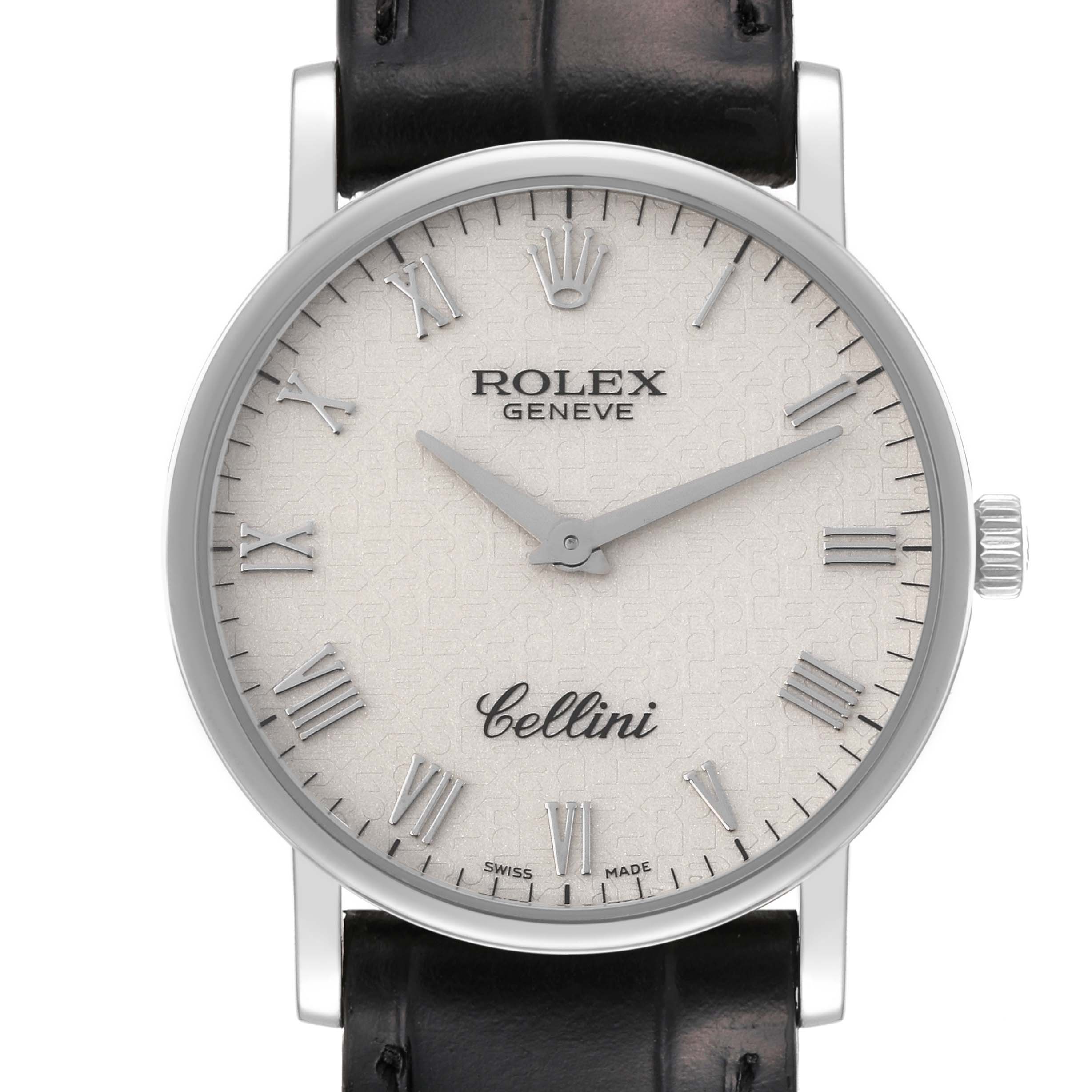 This image shows a frontal view of a Rolex Cellini 5115/9 Men's White Gold Beige Dial 5115/9 Men's White Gold Beige Dial watch, featuring its dial, hands, crown, and leather strap.