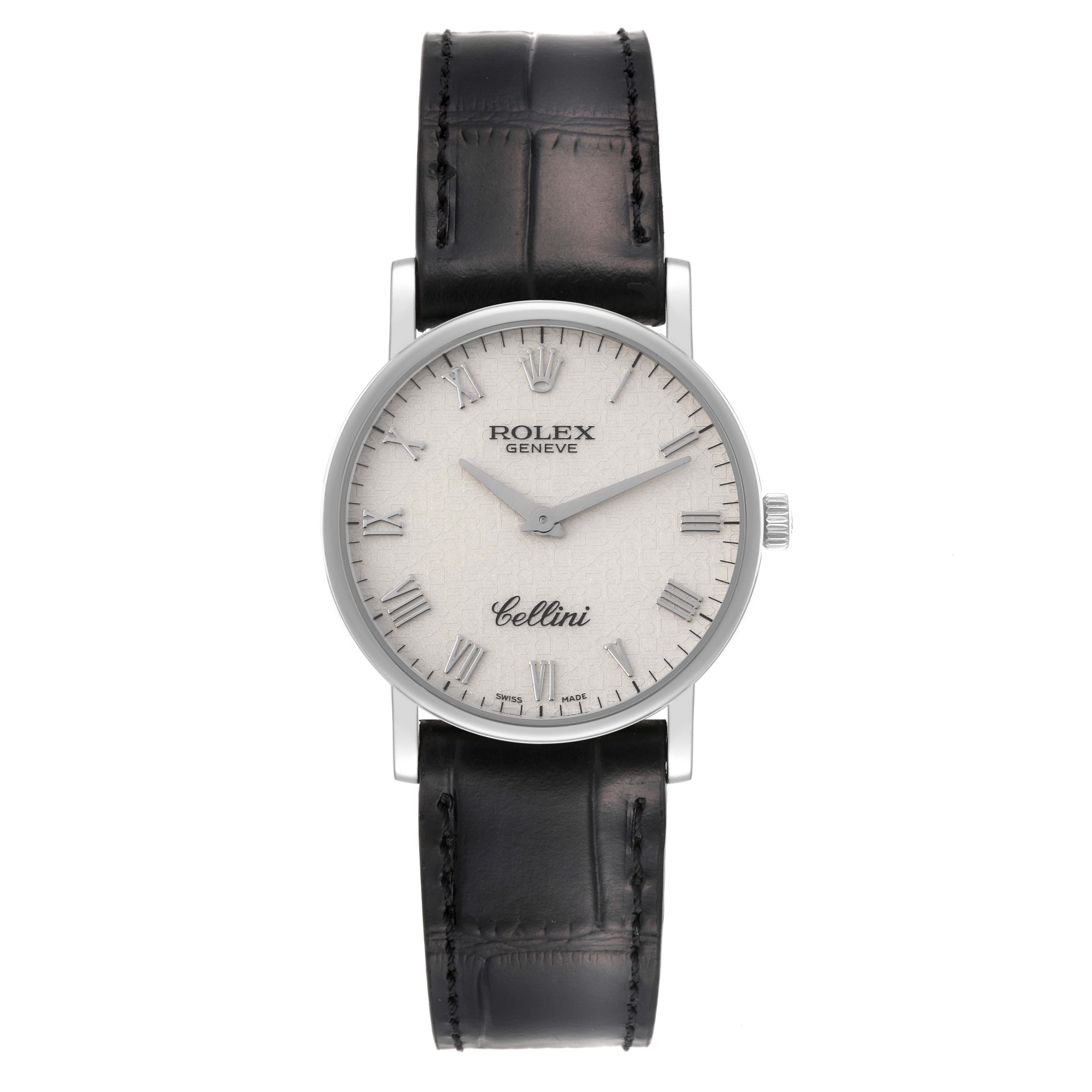 The Rolex Cellini 5115/9 Men's White Gold Beige Dial 5115/9 Men's White Gold Beige Dial watch is shown from a top-down angle, featuring its face, hands, and leather strap.