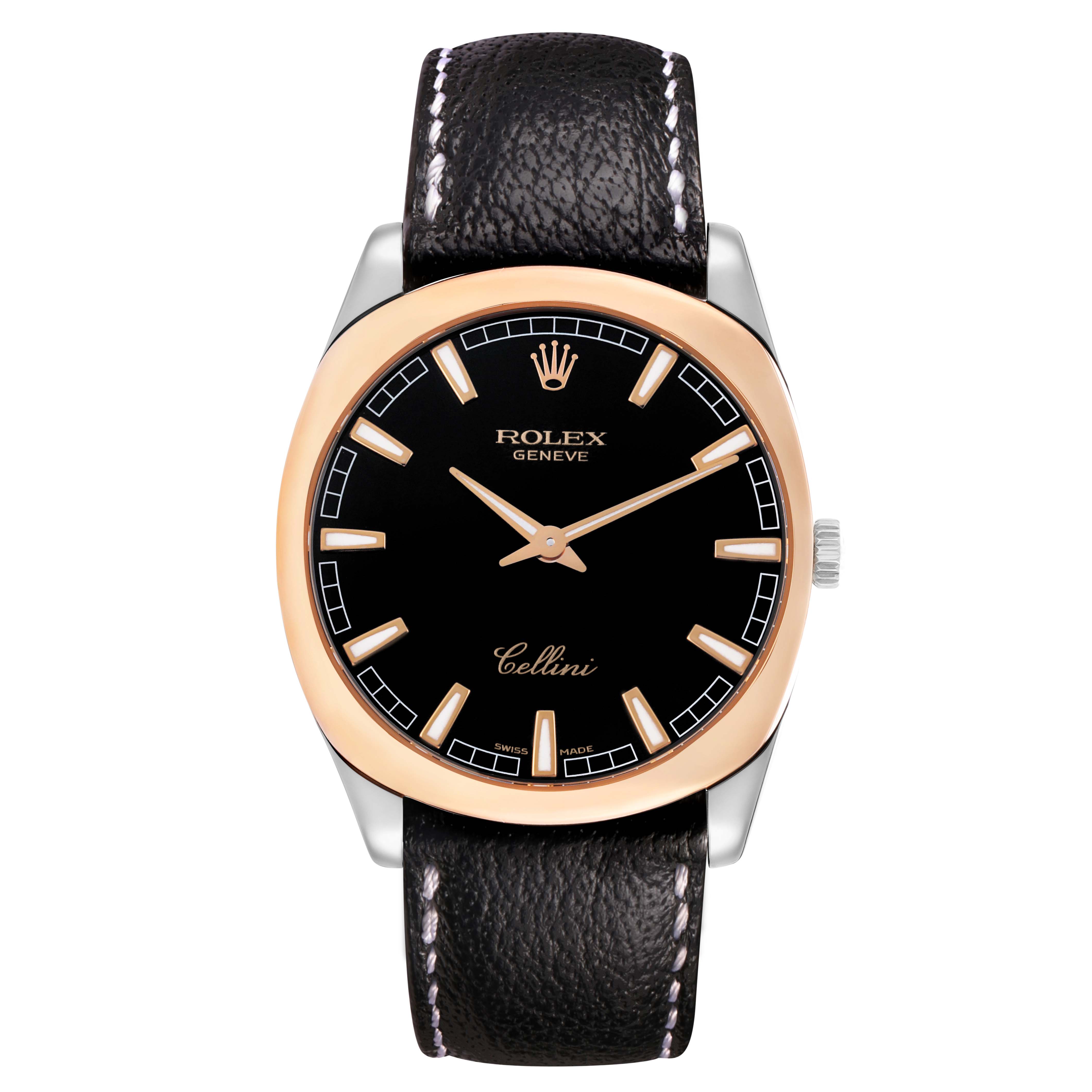 The Rolex Cellini 4243/9-BIC Men's White Gold Black Dial watch is shown from a top angle, displaying the face, bezel, and leather strap.