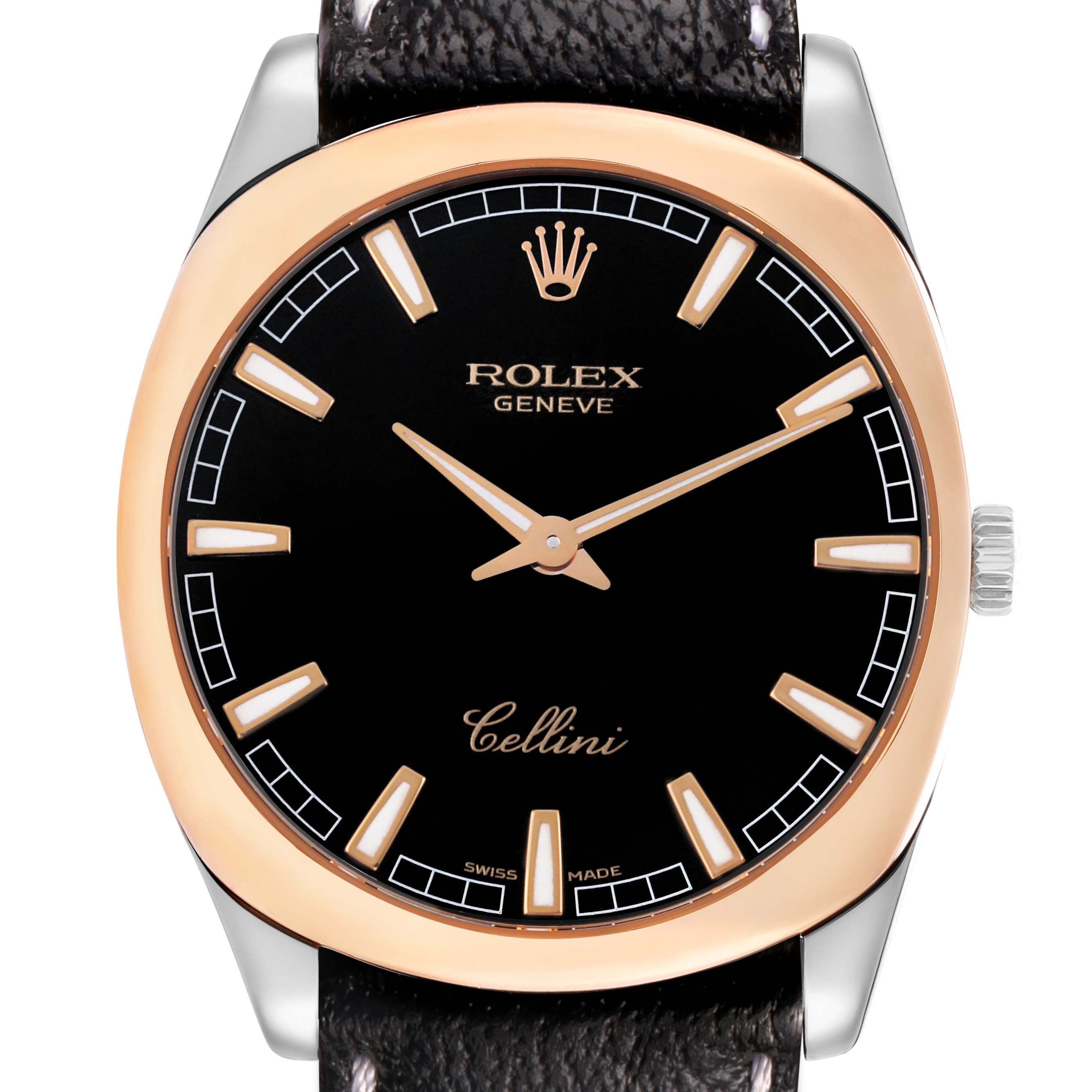 The Rolex Cellini 4243/9-BIC Men's White Gold Black Dial watch is shown from the front, highlighting the black dial, gold markers, hands, bezel, and crown on the side.
