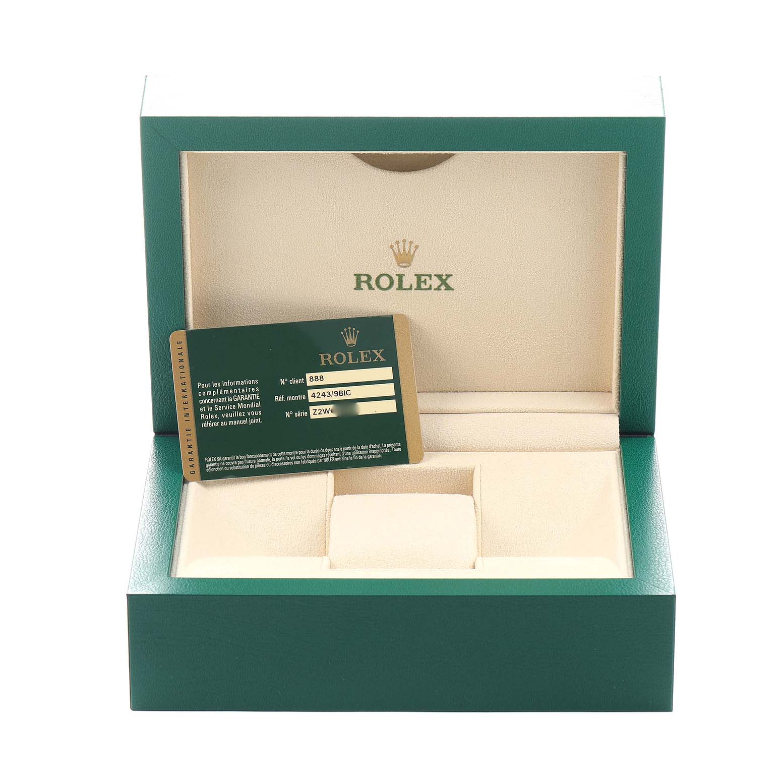 The image shows a Rolex Cellini 4243/9-BIC Men's White Gold Black Dial box with a warranty card inside, captured from the front angle.