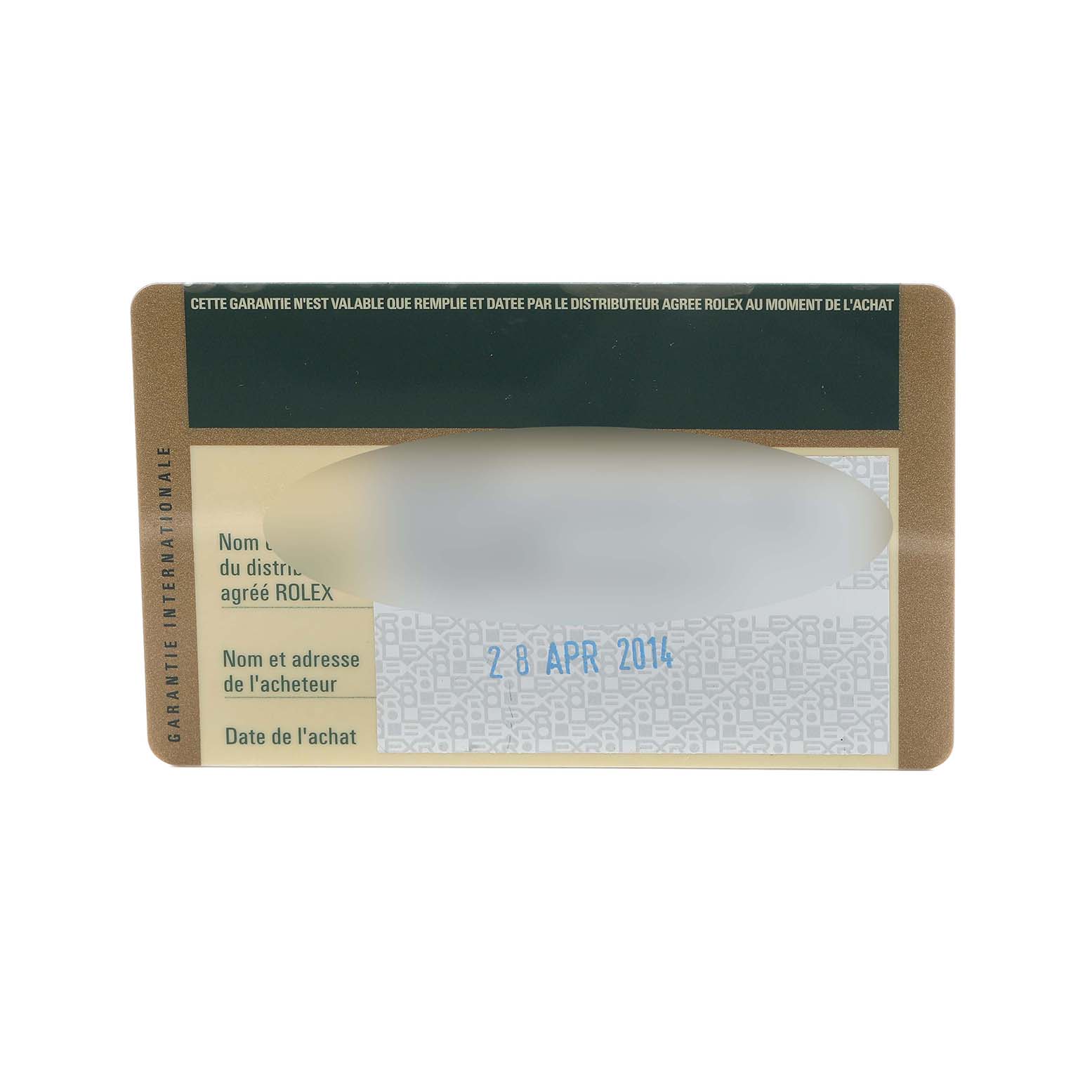 The image shows a Rolex Cellini 4243/9-BIC Men's White Gold Black Dial warranty card from 2014, viewed from above.