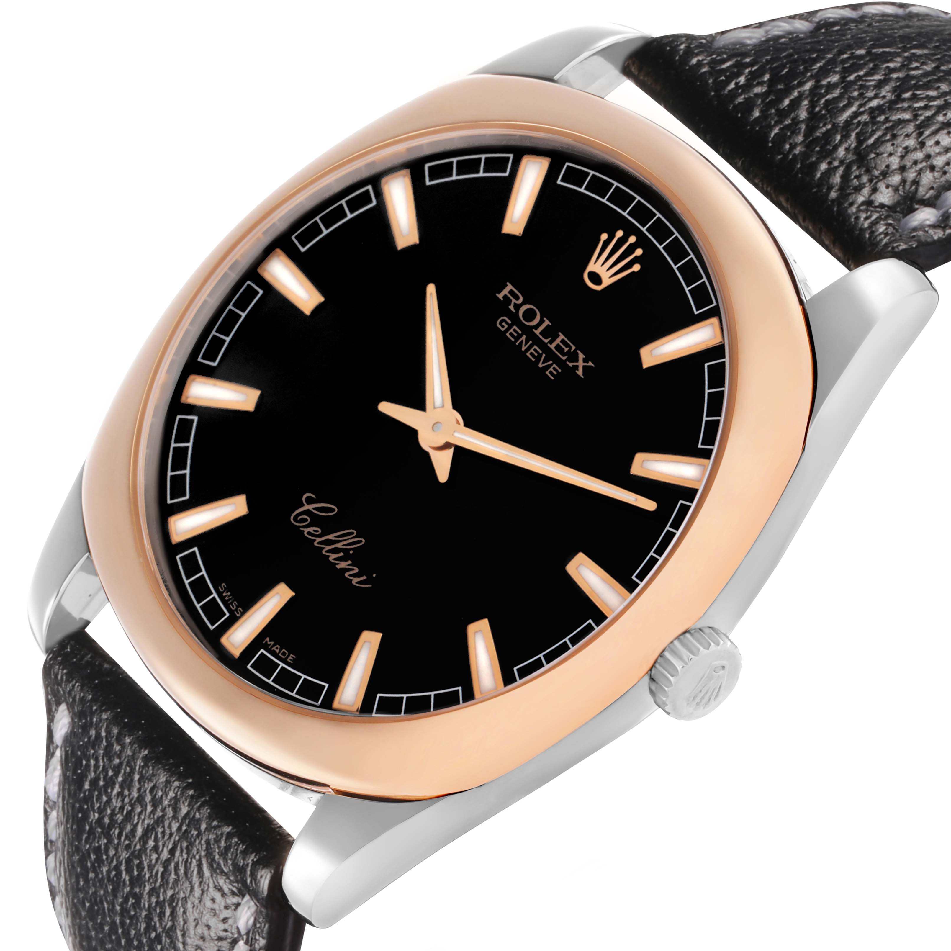 The Rolex Cellini 4243/9-BIC Men's White Gold Black Dial watch is shown at an angled view, highlighting the black dial, rose gold bezel, crown, and leather strap.