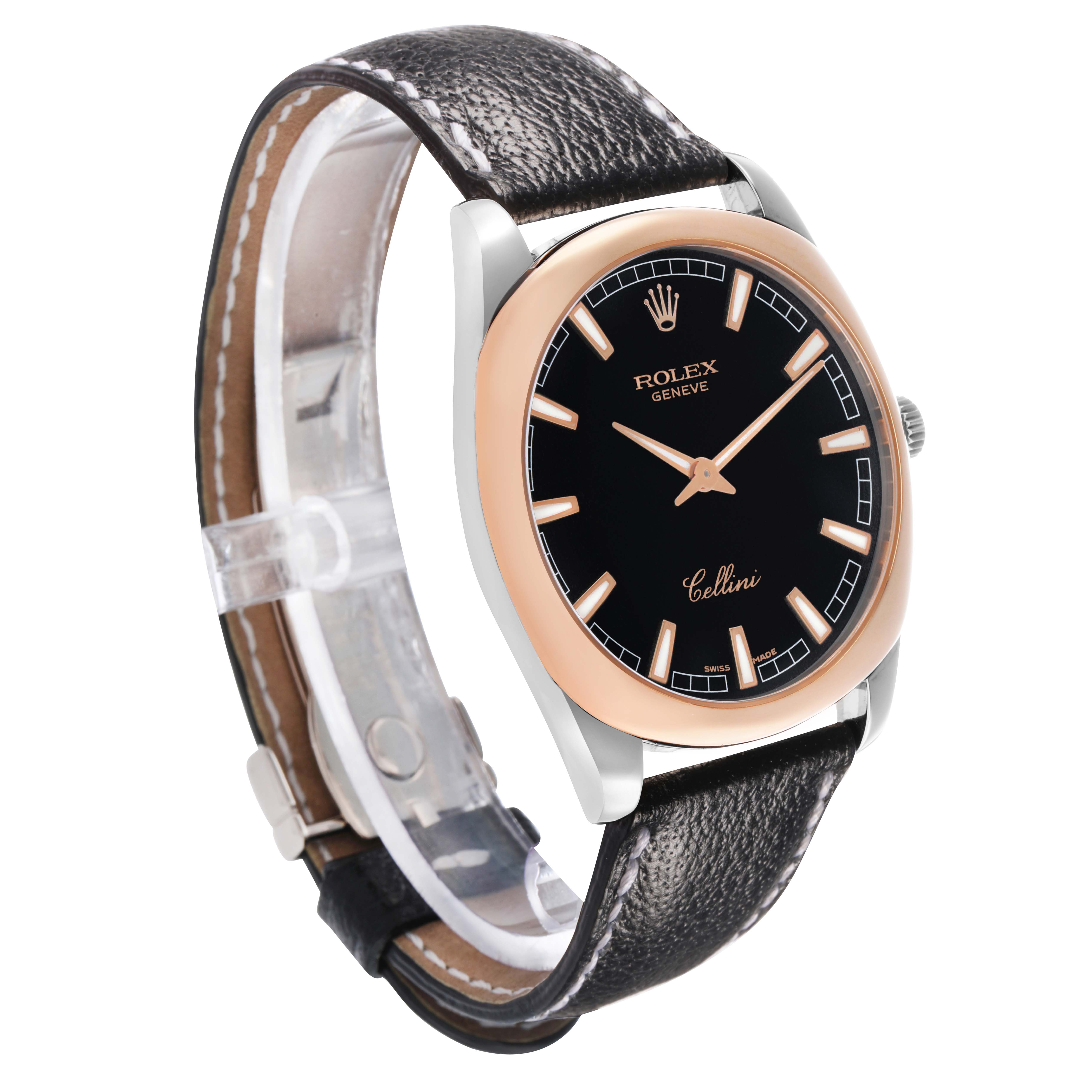 The Rolex Cellini 4243/9-BIC Men's White Gold Black Dial watch is shown at a three-quarter angle, highlighting the dial, bezel, crown, and leather strap.