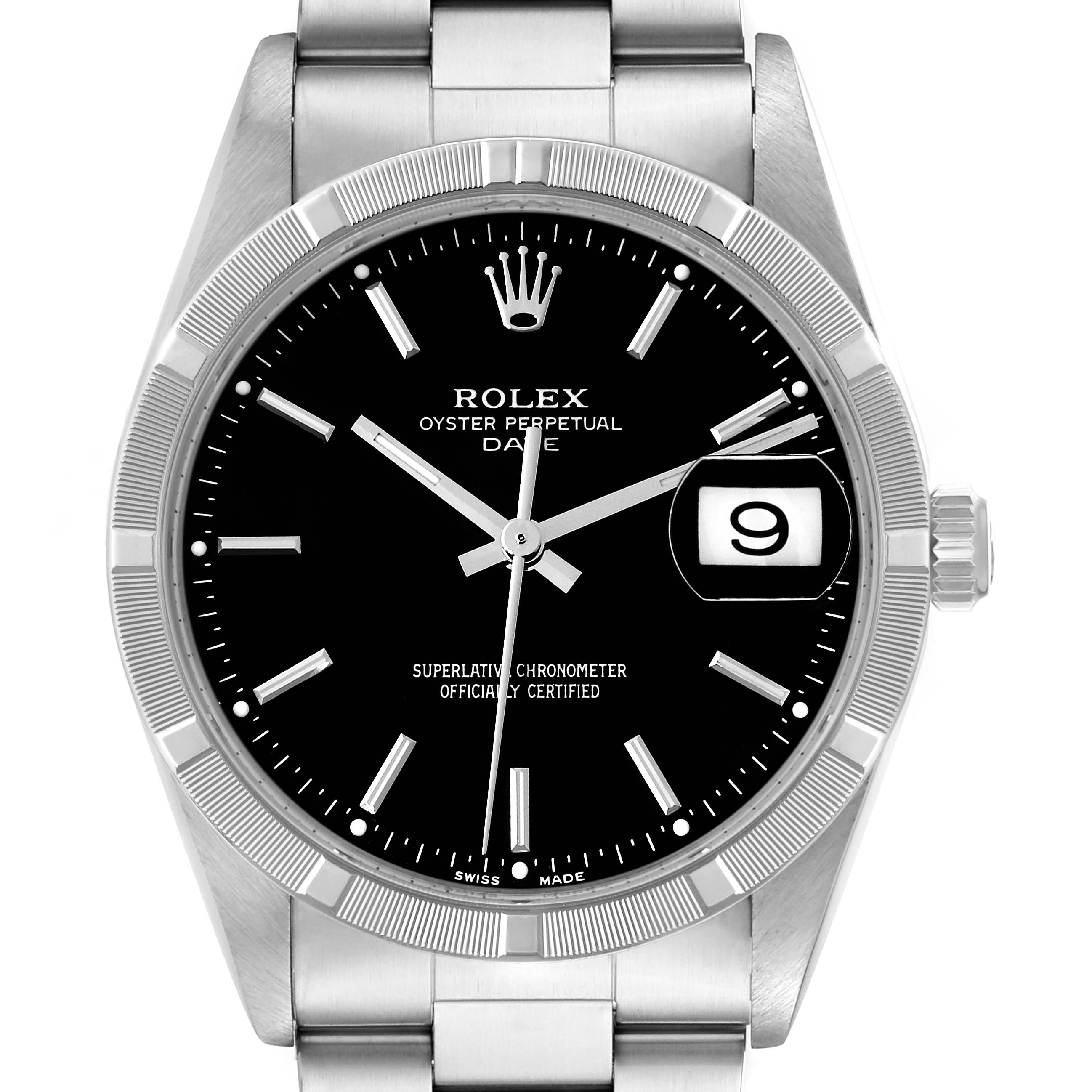 The image displays a Rolex Date 15210 Men's Stainless Steel Black Dial 15210 Men's Stainless Steel Black Dial model watch from a front angle, highlighting its dial, bezel, bracelet, and date window.