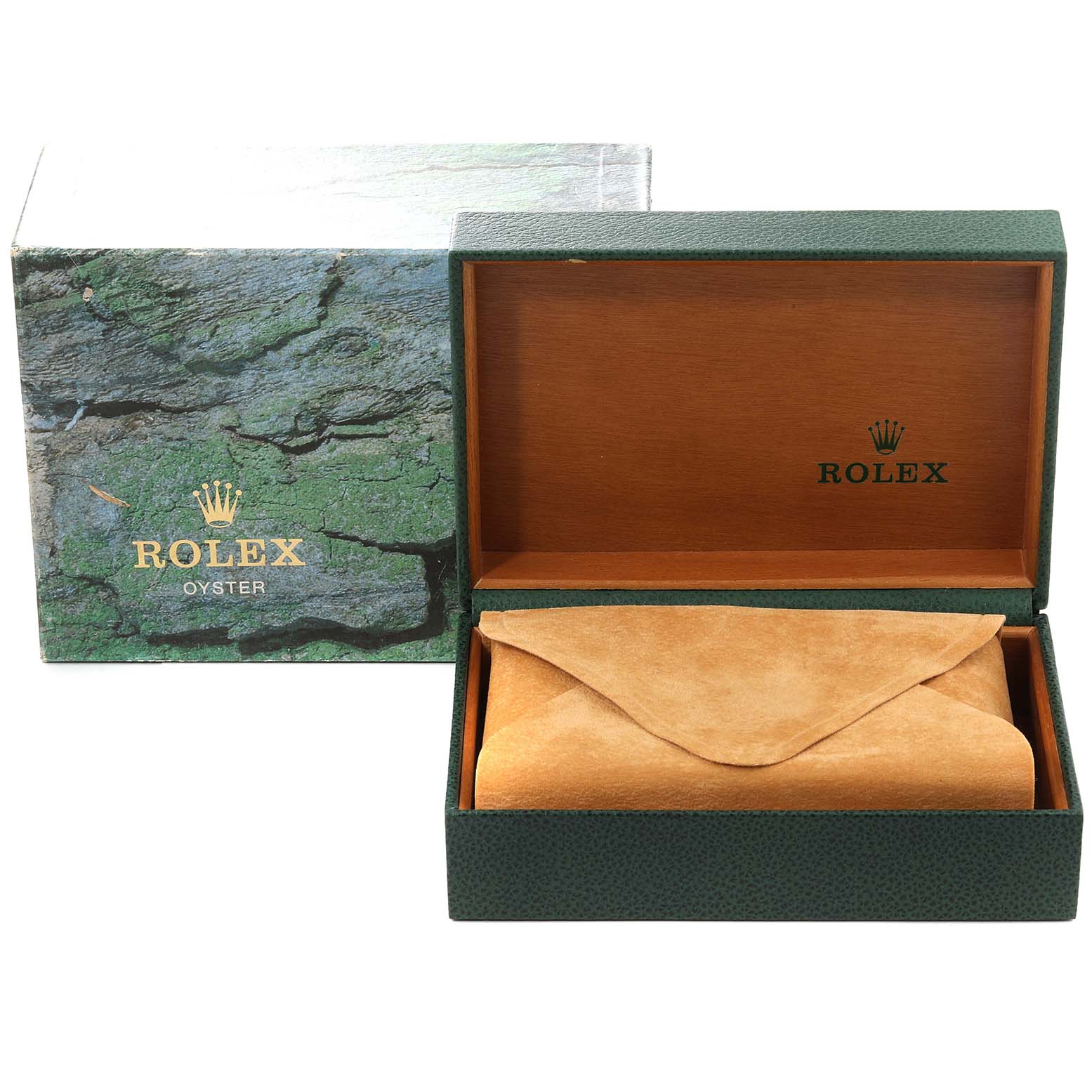 This image shows the packaging of a Rolex Date 15210 Men's Stainless Steel Black Dial 15210 Men's Stainless Steel Black Dial model, featuring an open green and wood-finish box with a suede cover inside.