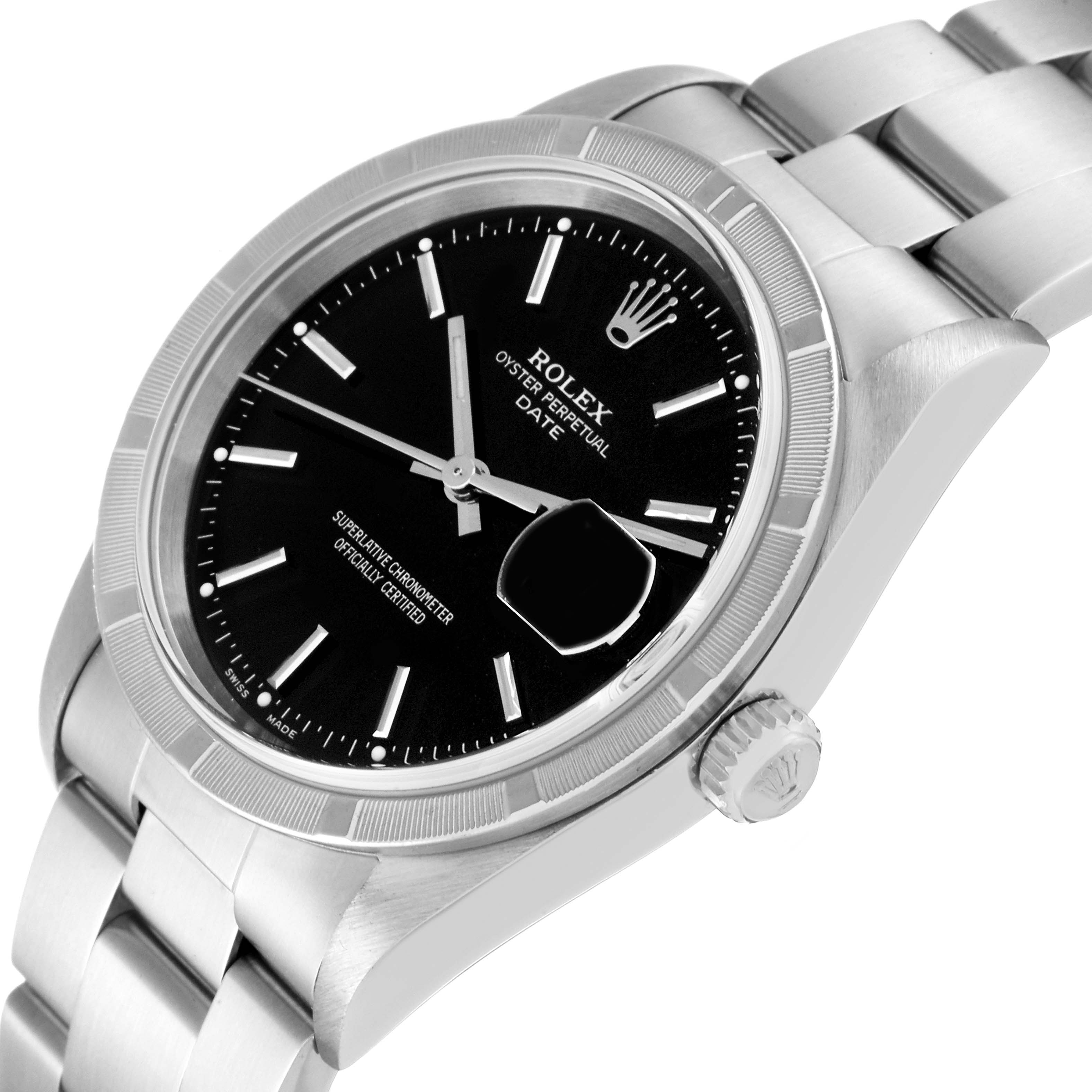 The image shows a close-up angle of a Rolex Date 15210 Men's Stainless Steel Black Dial 15210 Men's Stainless Steel Black Dial model, highlighting the black dial, bezel, crown, and part of the stainless steel bracelet.