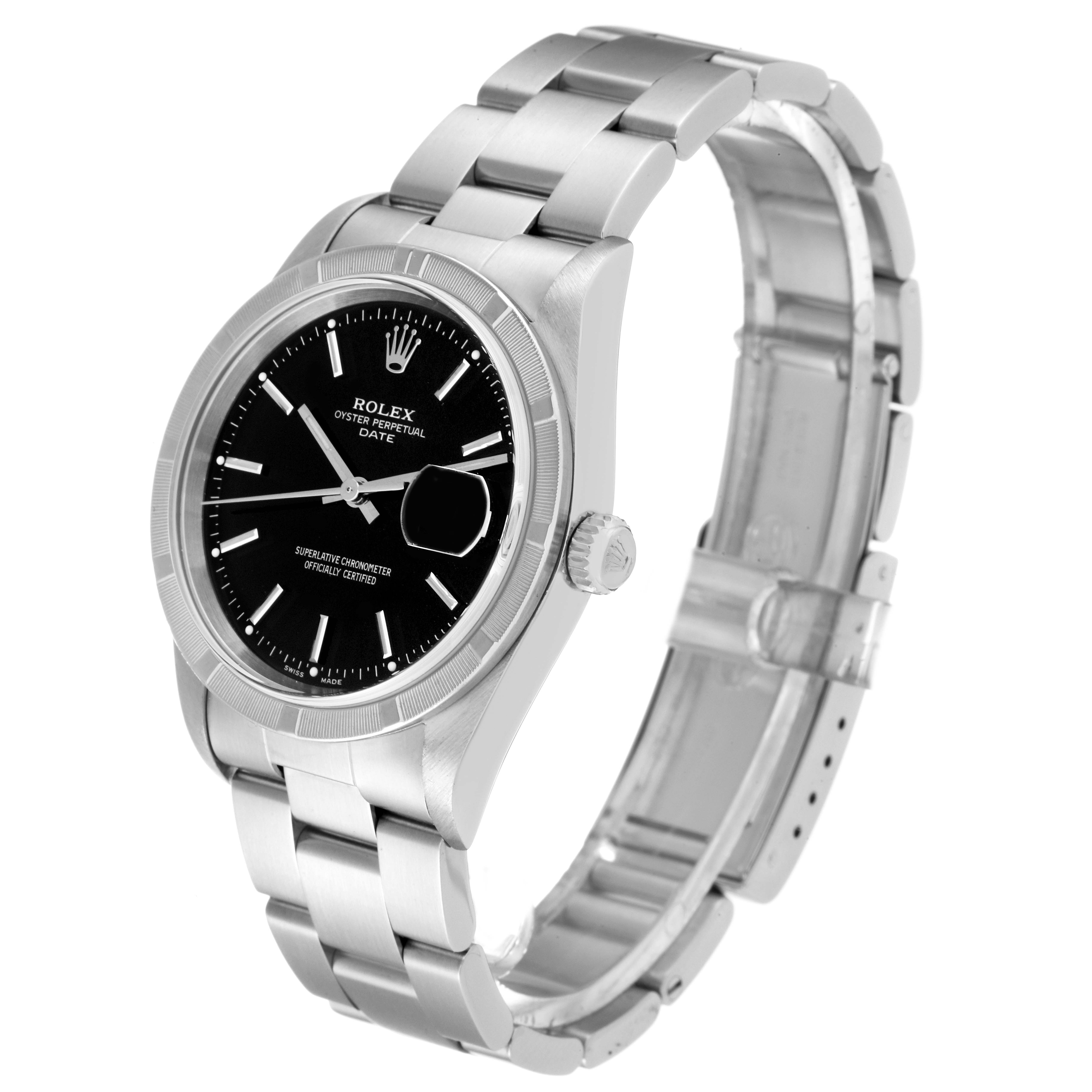 This image shows a side-angle view of a Rolex Oyster Perpetual Date watch, highlighting its dial, bezel, and bracelet.