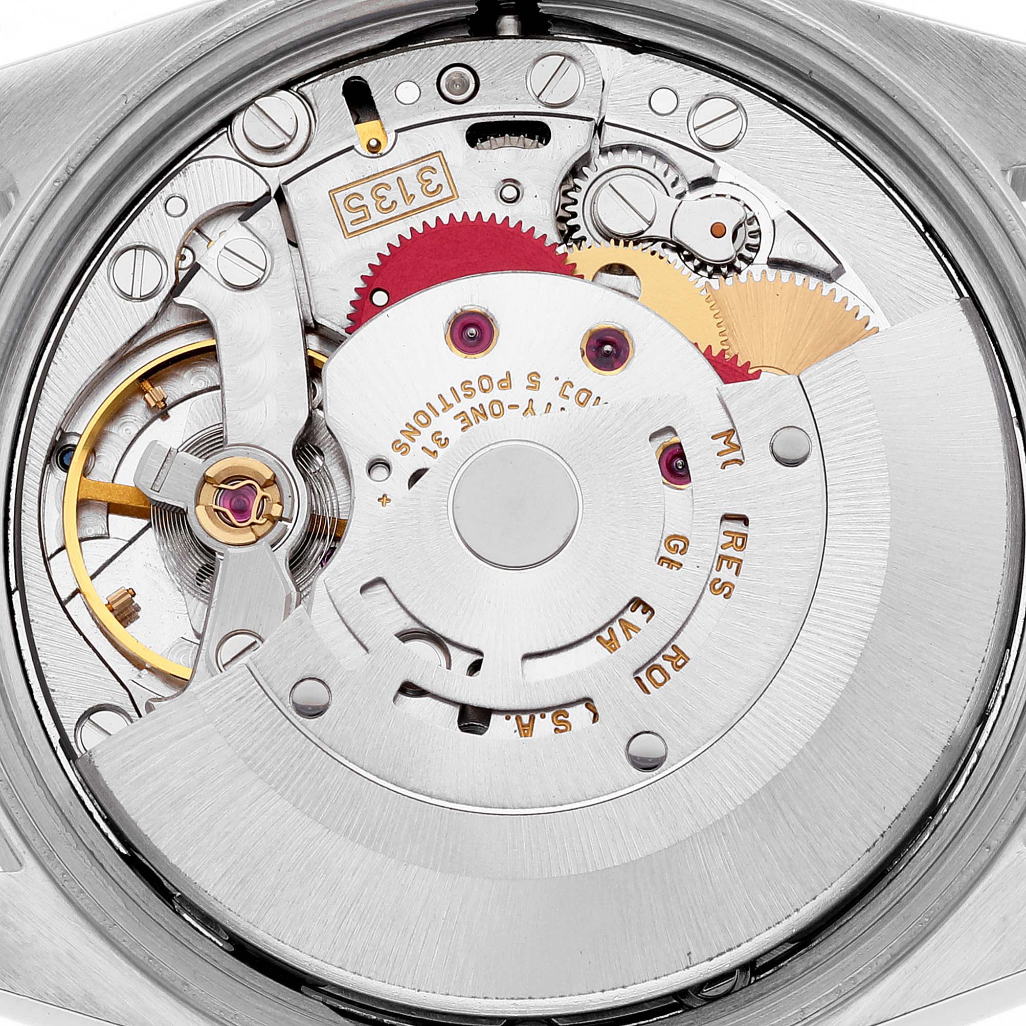 This image shows the inner mechanism and movement of a Rolex Date 15210 Men's Stainless Steel Black Dial 15210 Men's Stainless Steel Black Dial model watch from a top-down angle.