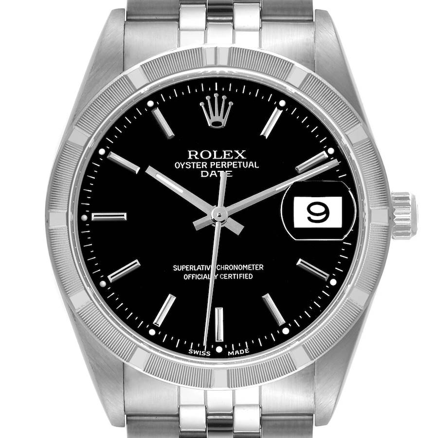Rolex Date Black Dial Engine Turned Bezel Steel Mens Watch 15210 SwissWatchExpo