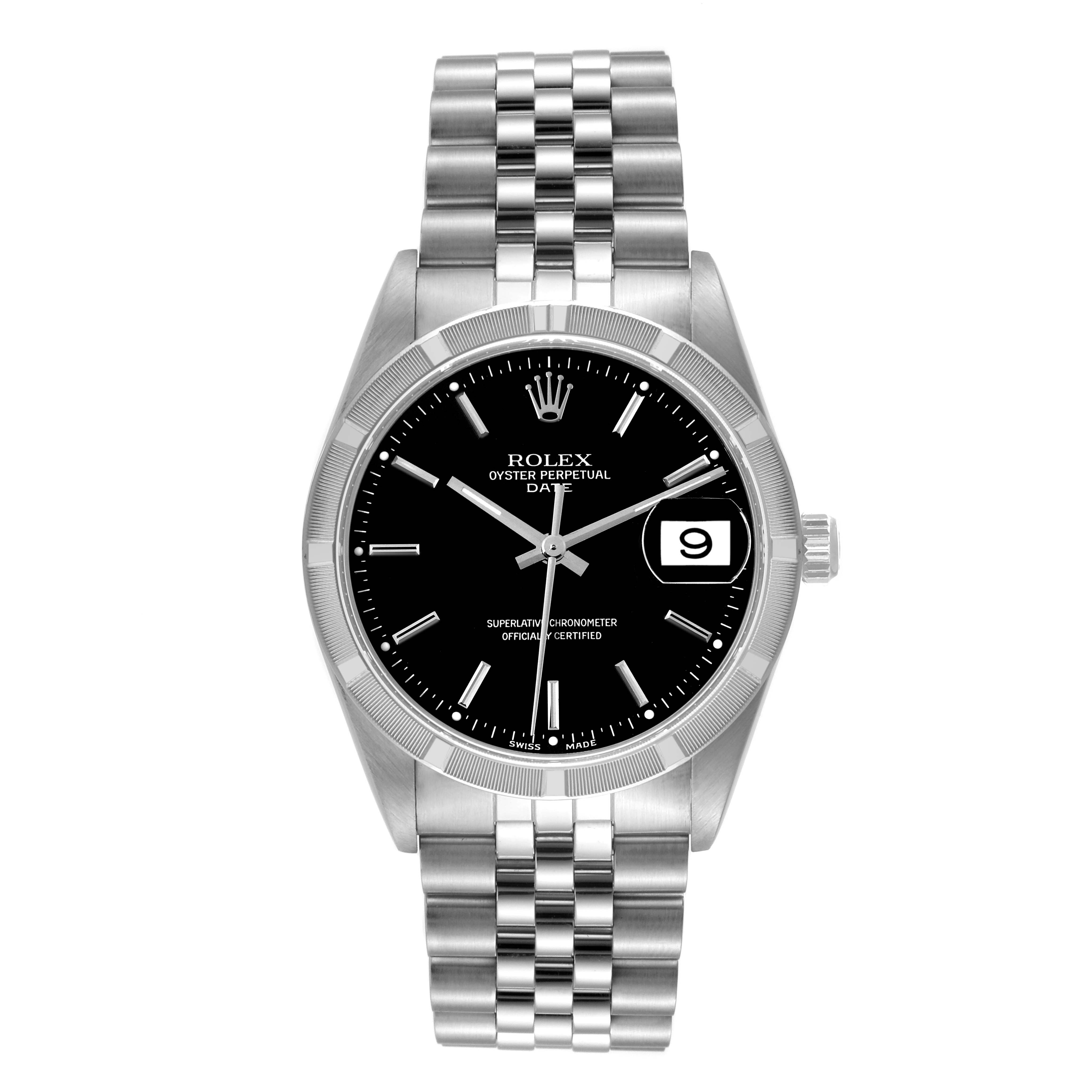 The Rolex Date 15210 Men's Stainless Steel Black Dial 15210 Men's Stainless Steel Black Dial model watch is shown from a front angle, displaying the dial, bezel, crown, and bracelet.